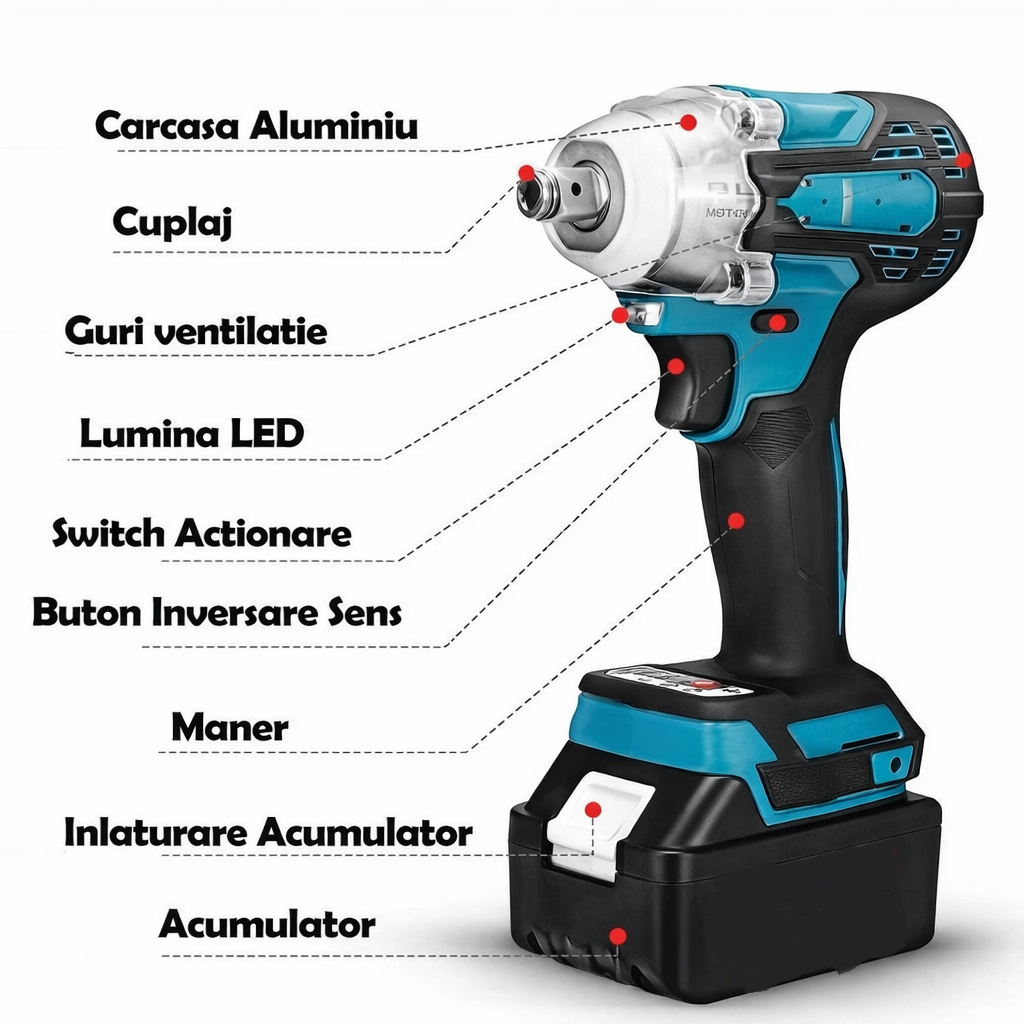 Cheie de impact si insurubat 380 Nm, 43 accesorii, 2 acumulatori 48V Li-Ion, valiza transport