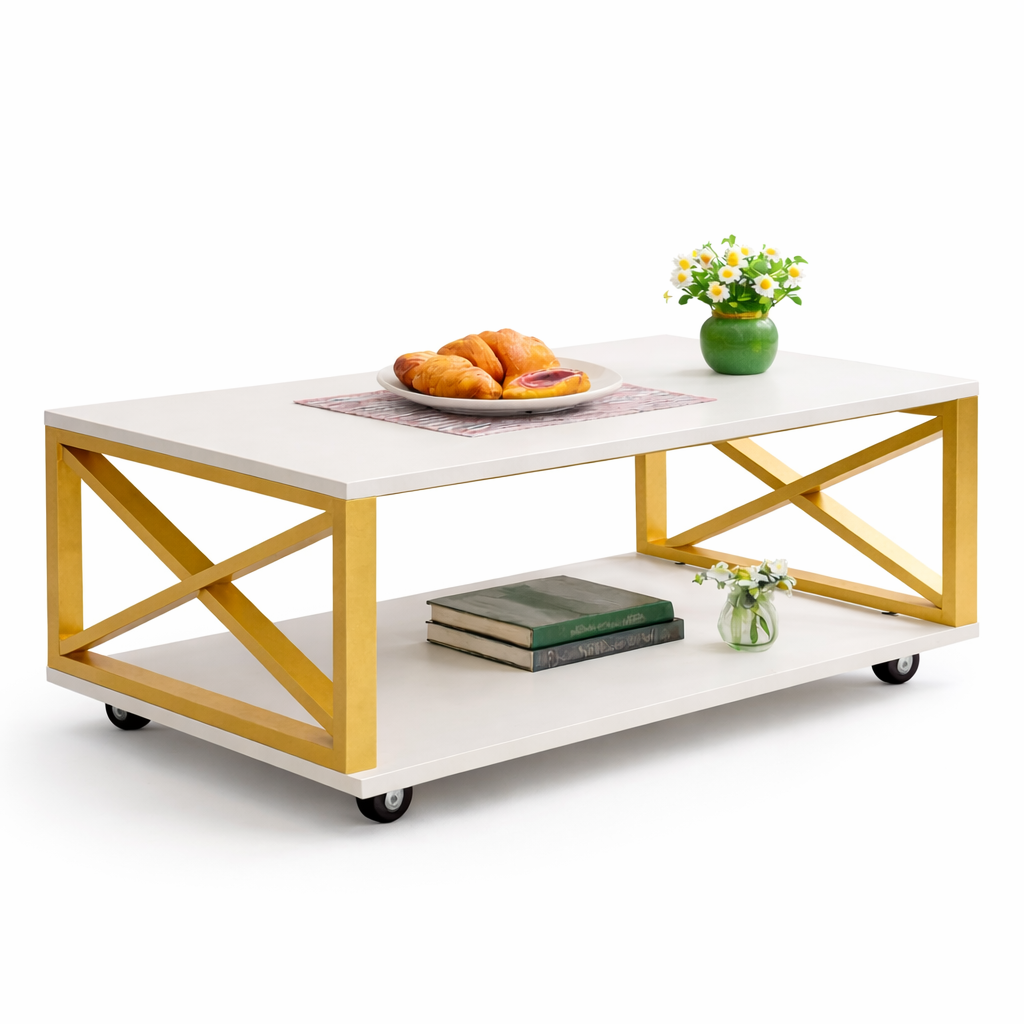 Masuta cafea, blat MDF, cadru metalic, roti, 98 x 60 x 33.6 cm, alb/auriu