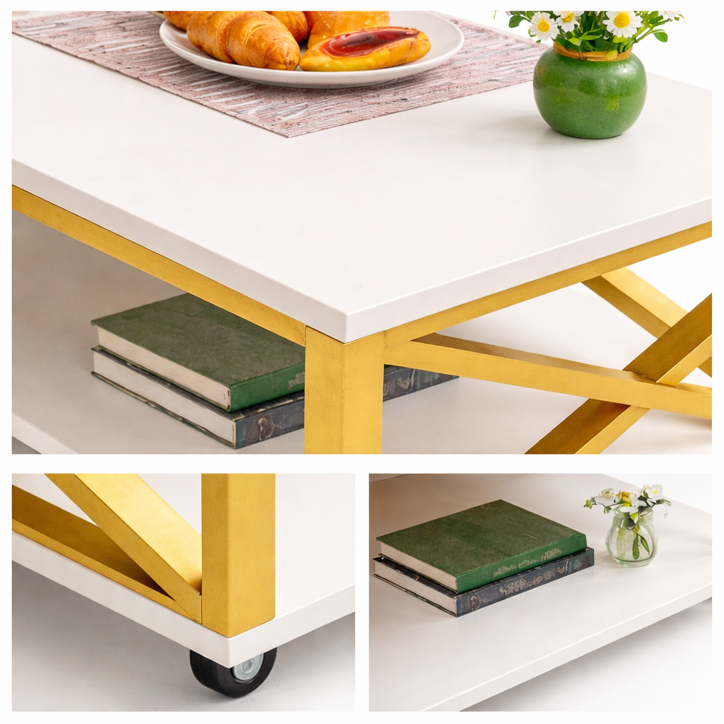 Masuta cafea, blat MDF, cadru metalic, roti, 98 x 60 x 33.6 cm, alb/auriu