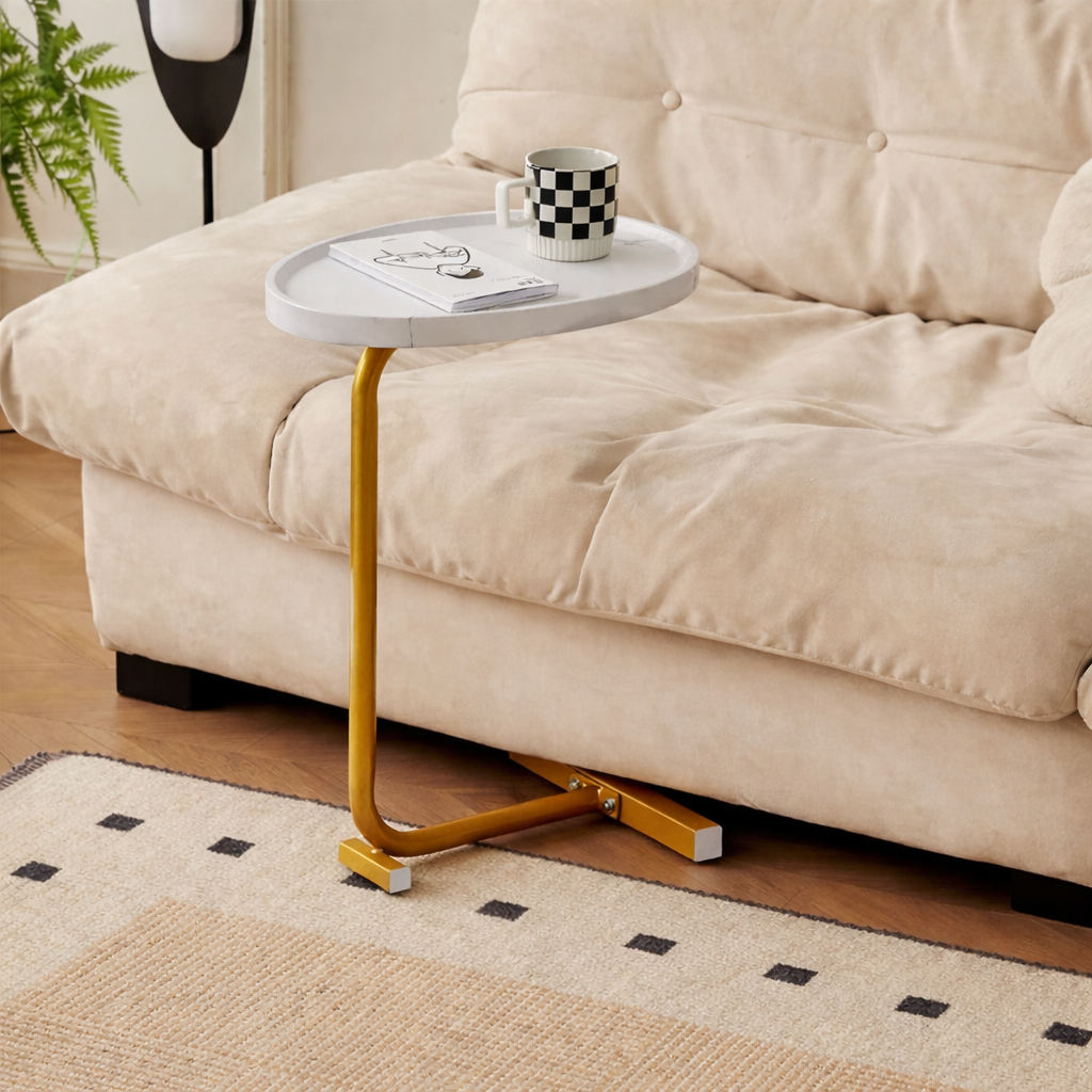 Masuta cafea design nordic, blat alb, cadru metalic auriu , 60x45x30 cm