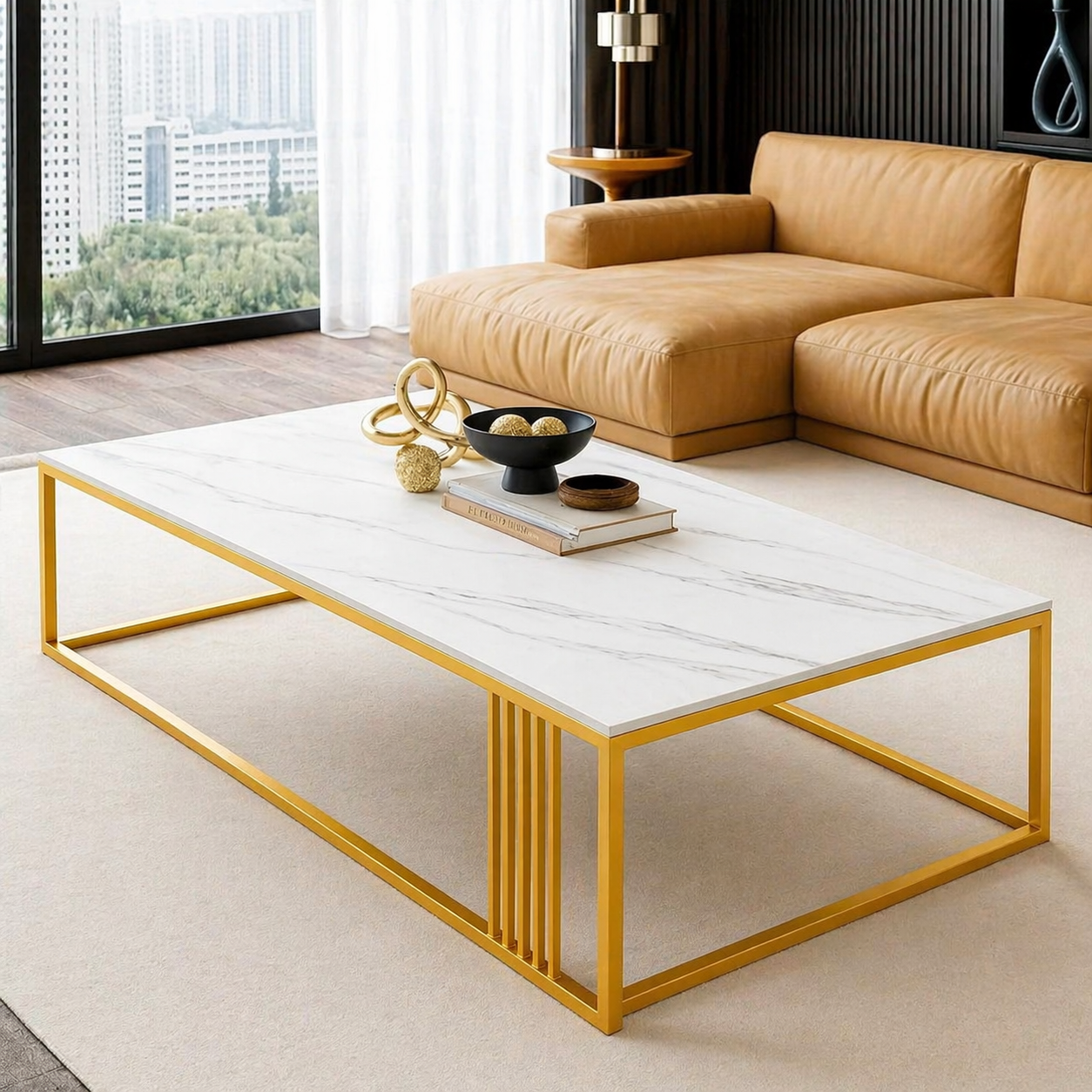 Masuta cafea dreptunghiulara, design nordic, aspect marmura alba, 120x60x43cm
