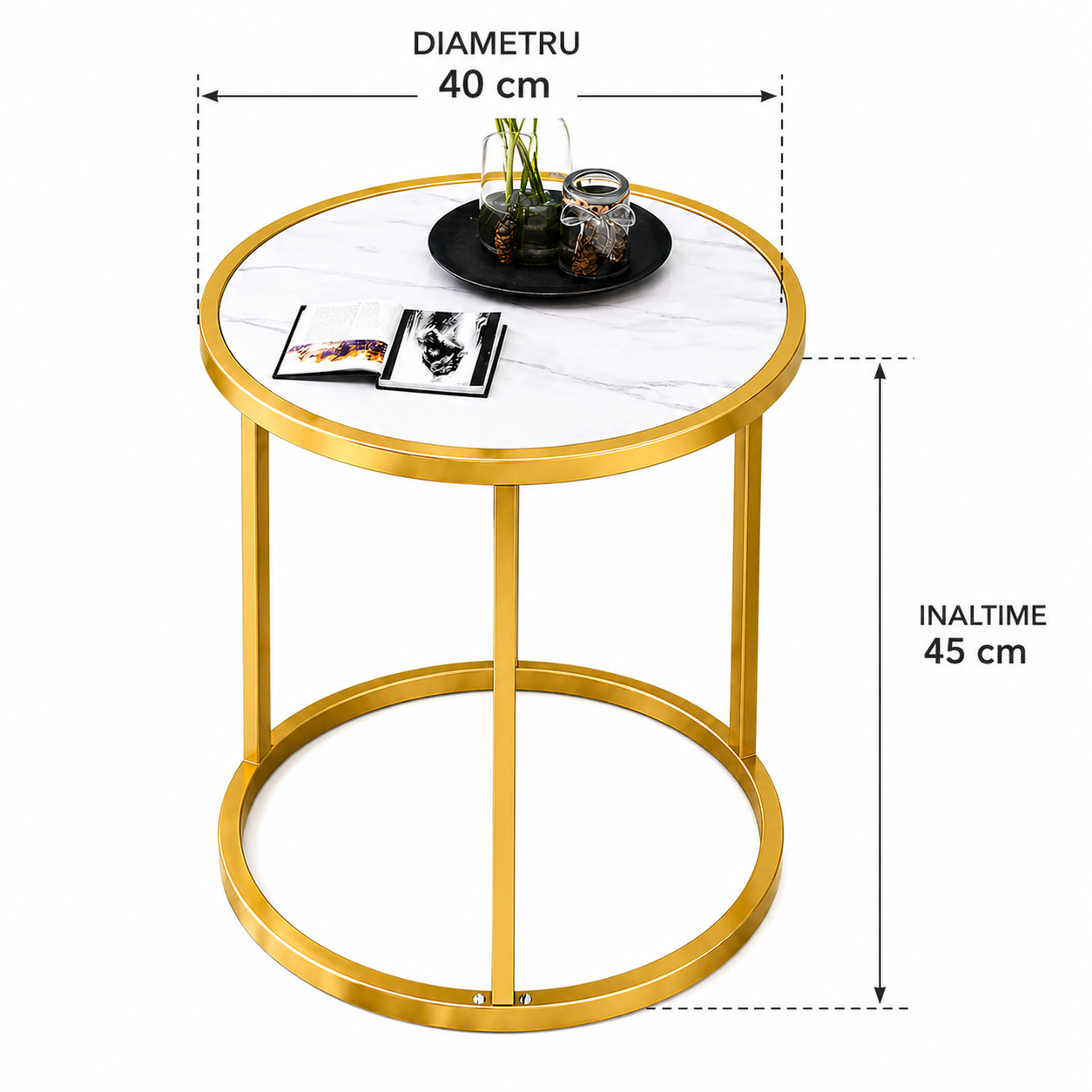 Masuta rotunda eleganta, blat tip marmura, cadru metalic auriu, 40 x 40 x 45 cm