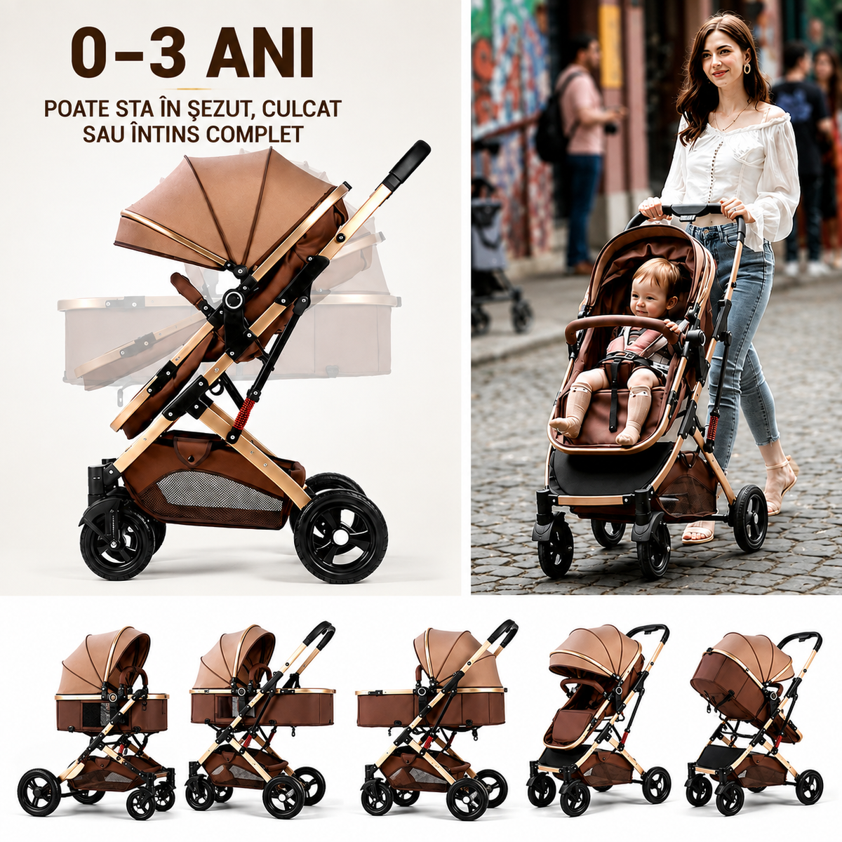 Carucior multifuncțional 2 în 1, landou + modul sport, 0–36 luni, max. 25 kg, suspensii, sezut reversibil