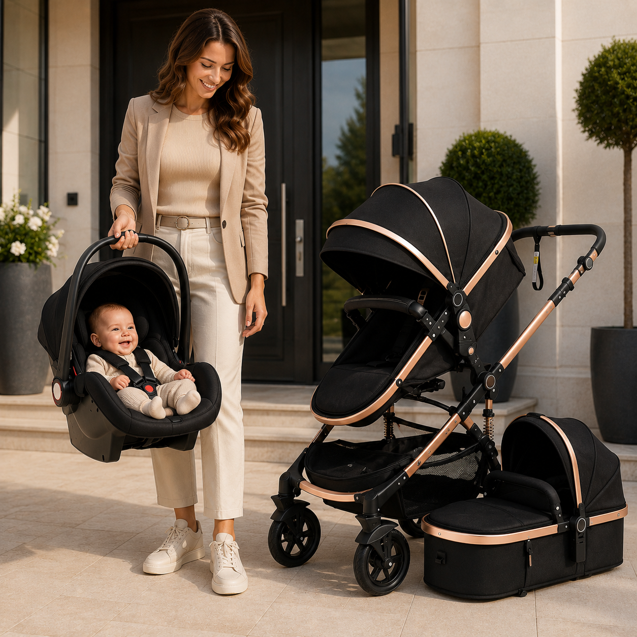 Carucior multifunctional 3 în 1 + scoica auto – landou, modul sport si scoica auto, 0–36 luni, max. 25 kg, suspensii, sezut reversibil