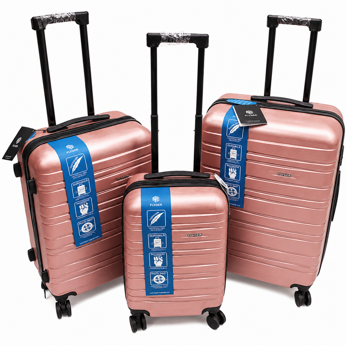 Set 3 valize troller, ABS, roti duble 360°, maner telescopic, 73/65/55 cm – mare, medie si cabina