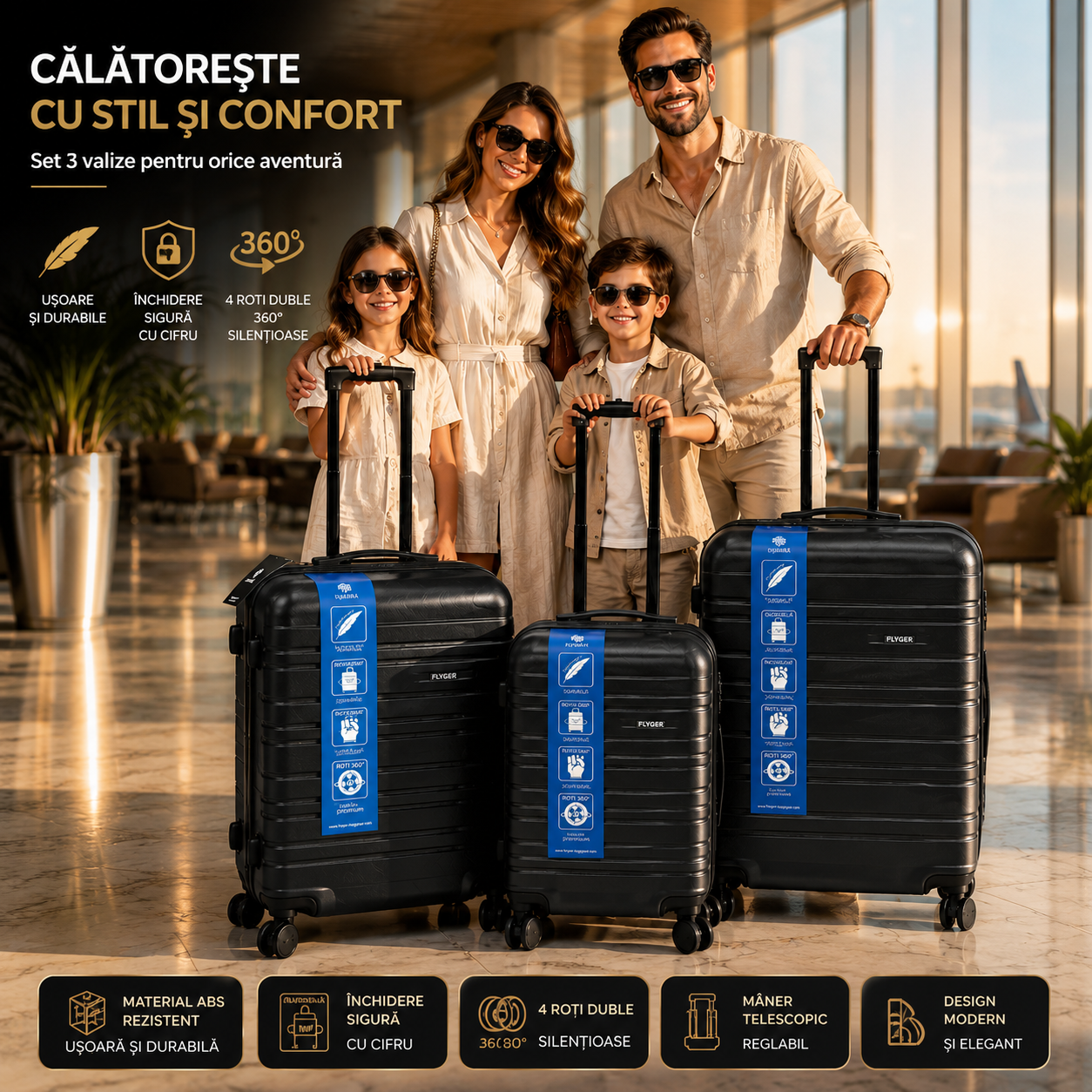 Set 3 valize troller, ABS, roti duble 360°, maner telescopic, 73/65/55 cm – mare, medie si cabina