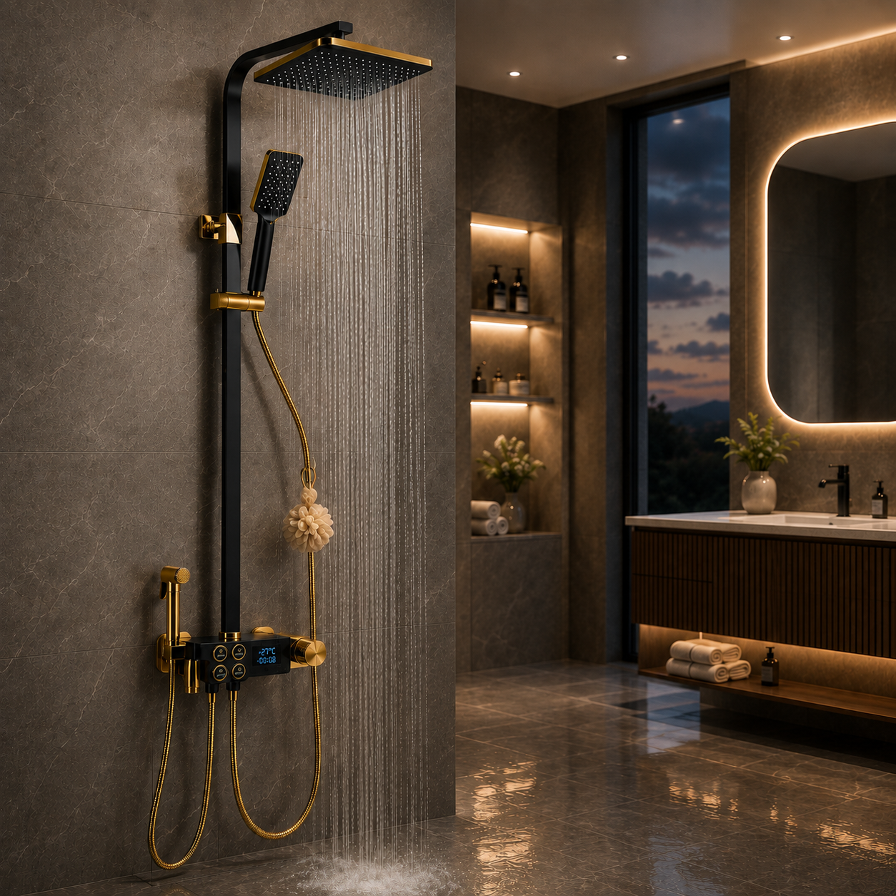 Coloana dus smart cu afisaj digital, dus ploaie, 4 functii, negru/auriu