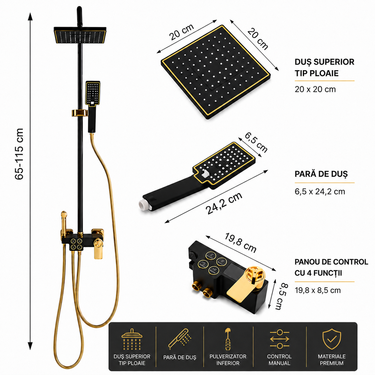 Coloana dus smart cu afisaj digital, dus ploaie, 4 functii, negru/auriu