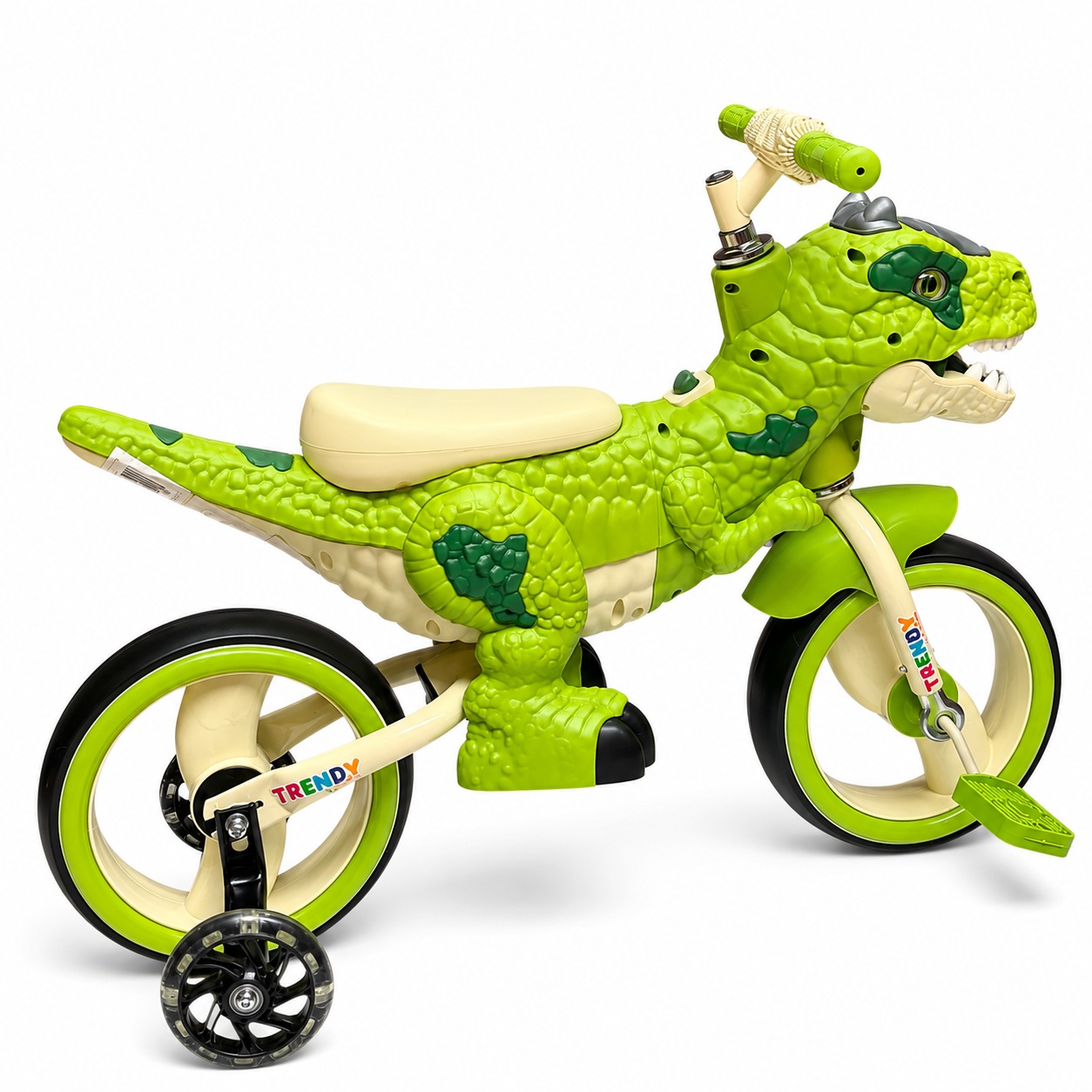 Bicicleta pentru copii 2 in 1 , model Dinozaur T-Rex, pedale detasabile, roti ajutatoare detasabile, roti cu LED, scaun ergonomic, verde