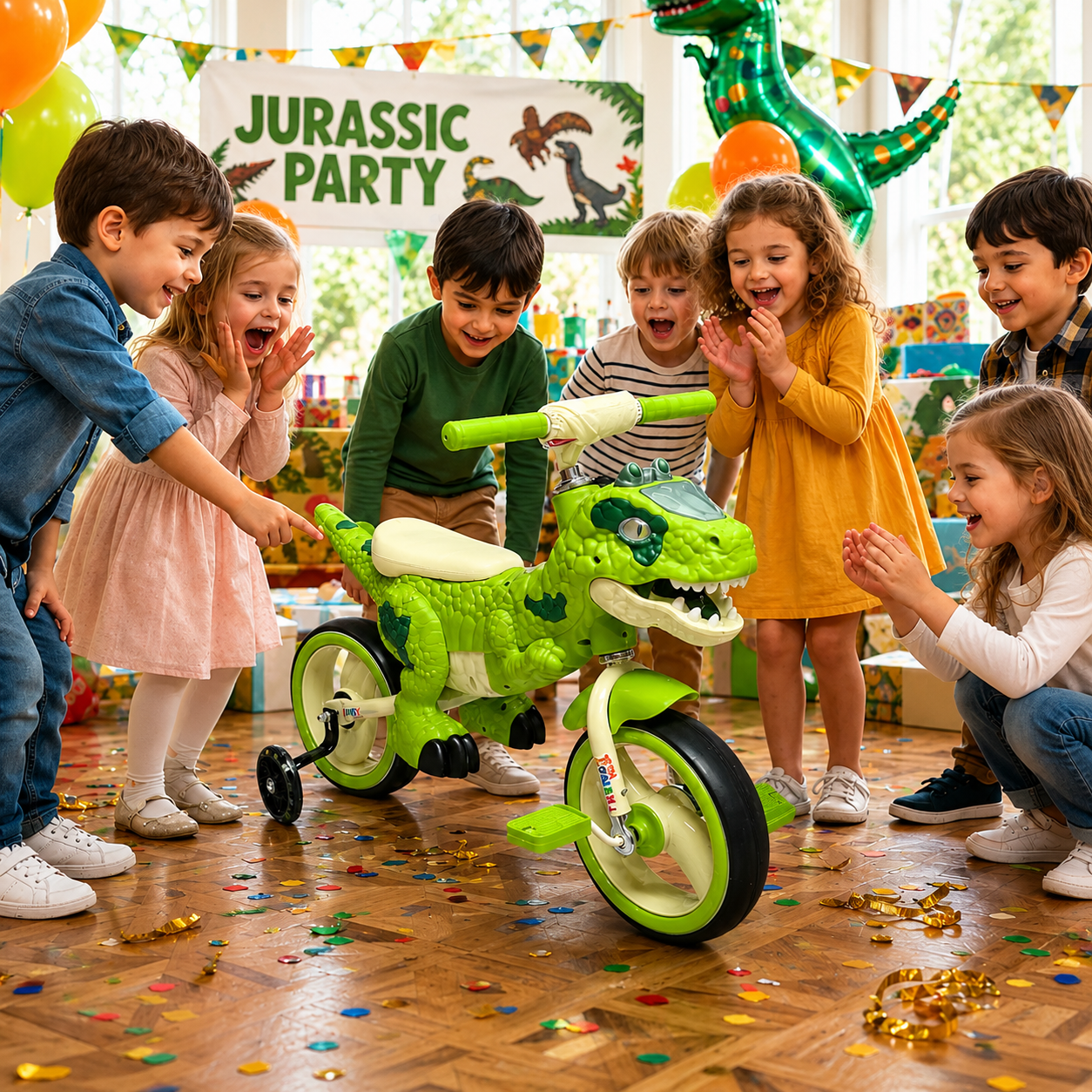 Bicicleta pentru copii 2 in 1 , model Dinozaur T-Rex, pedale detasabile, roti ajutatoare detasabile, roti cu LED, scaun ergonomic, verde