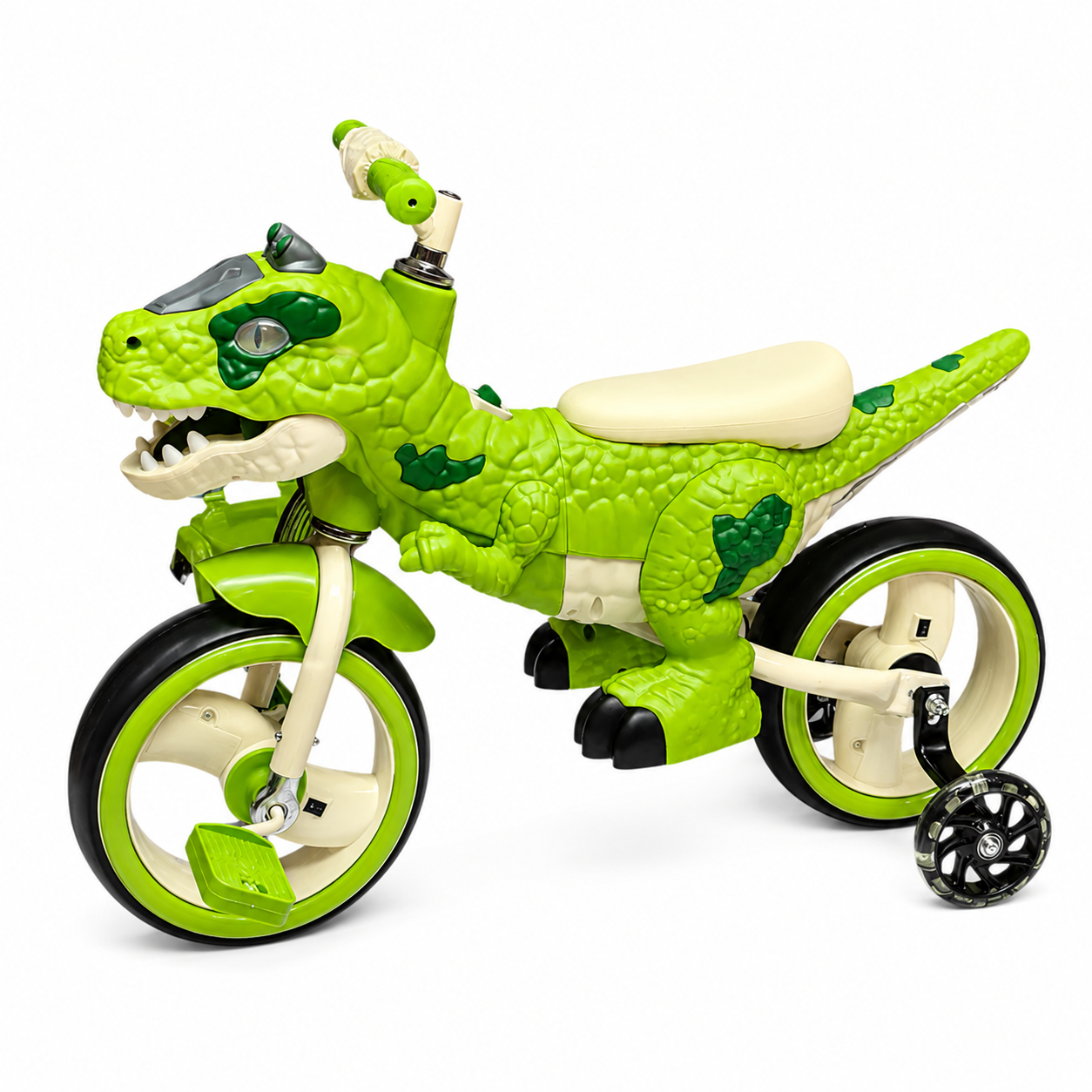 Bicicleta pentru copii 2 in 1 , model Dinozaur T-Rex, pedale detasabile, roti ajutatoare detasabile, roti cu LED, scaun ergonomic, verde
