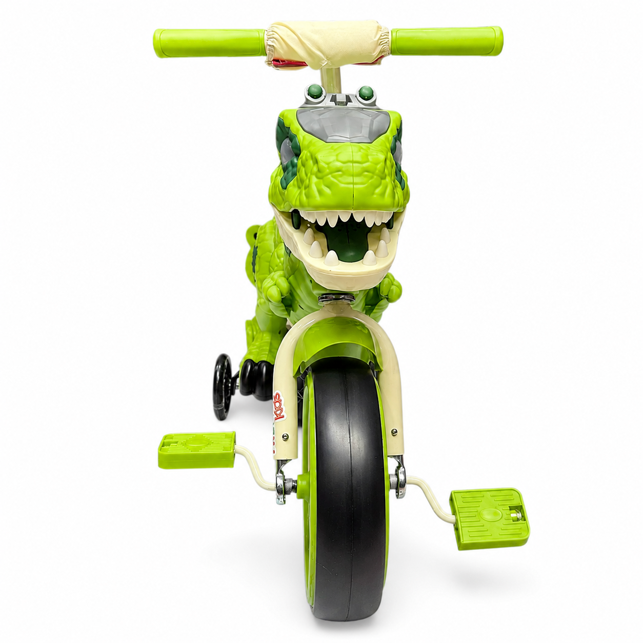 Bicicleta pentru copii 2 in 1 , model Dinozaur T-Rex, pedale detasabile, roti ajutatoare detasabile, roti cu LED, scaun ergonomic, verde