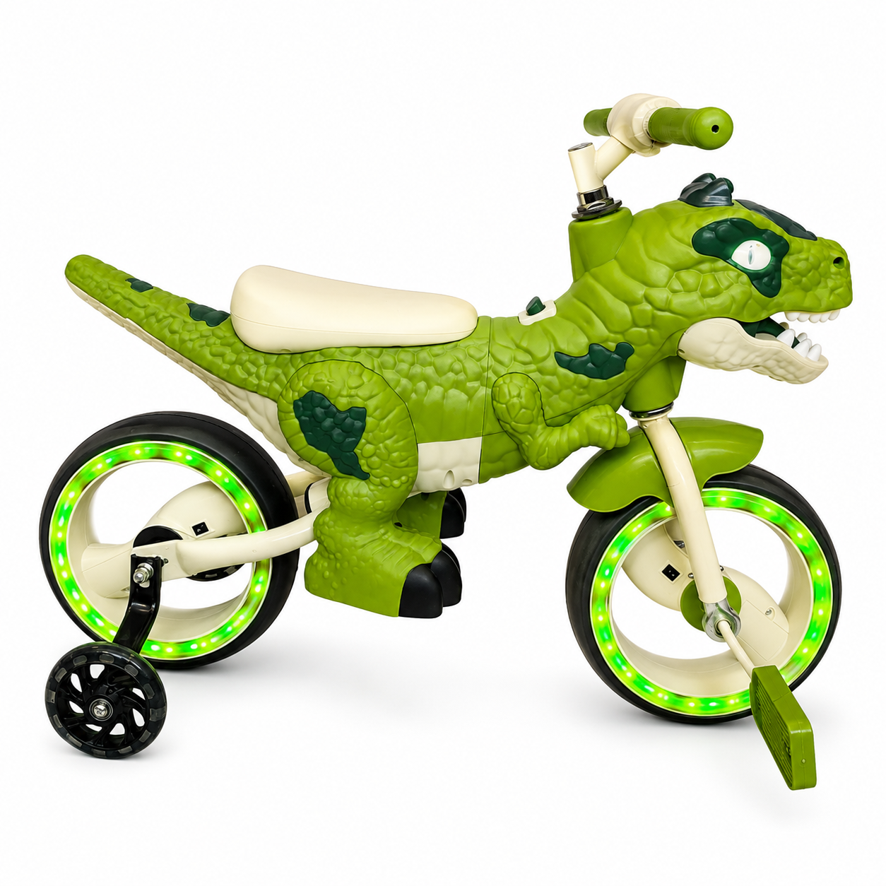 Bicicleta pentru copii 2 in 1 , model Dinozaur T-Rex, pedale detasabile, roti ajutatoare detasabile, roti cu LED, scaun ergonomic, verde