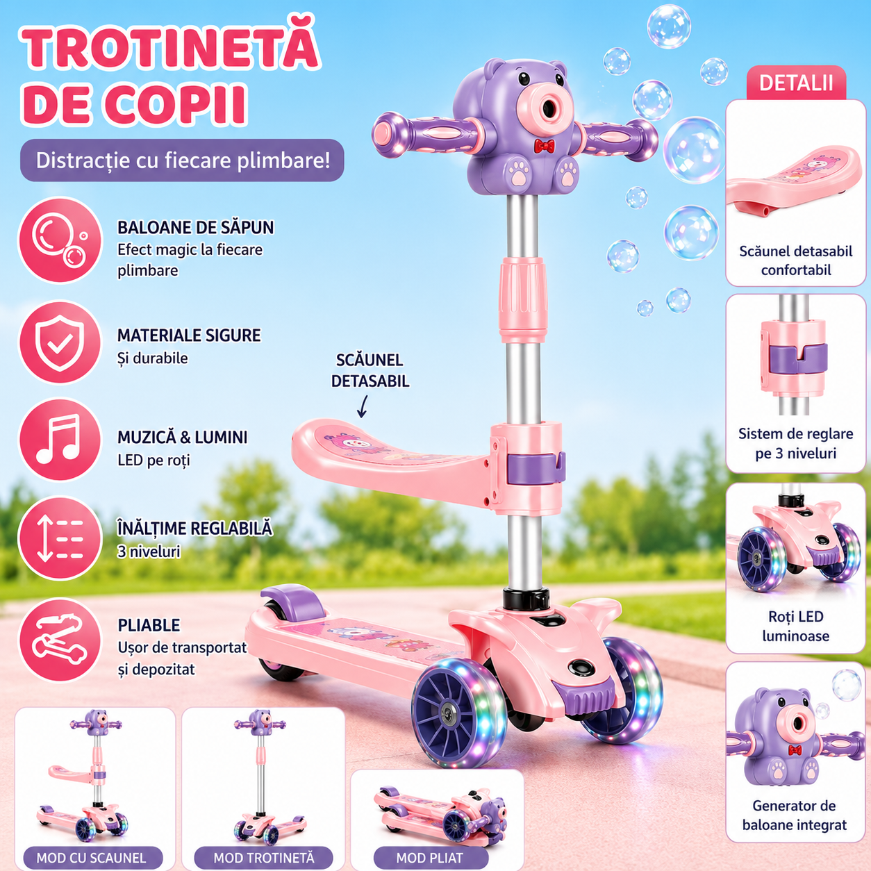 Trotineta 5 în 1 pentru copii cu baloane de sapun, scaun detasabil, muzica, roti LED și ghidon reglabil, 2–6 ani