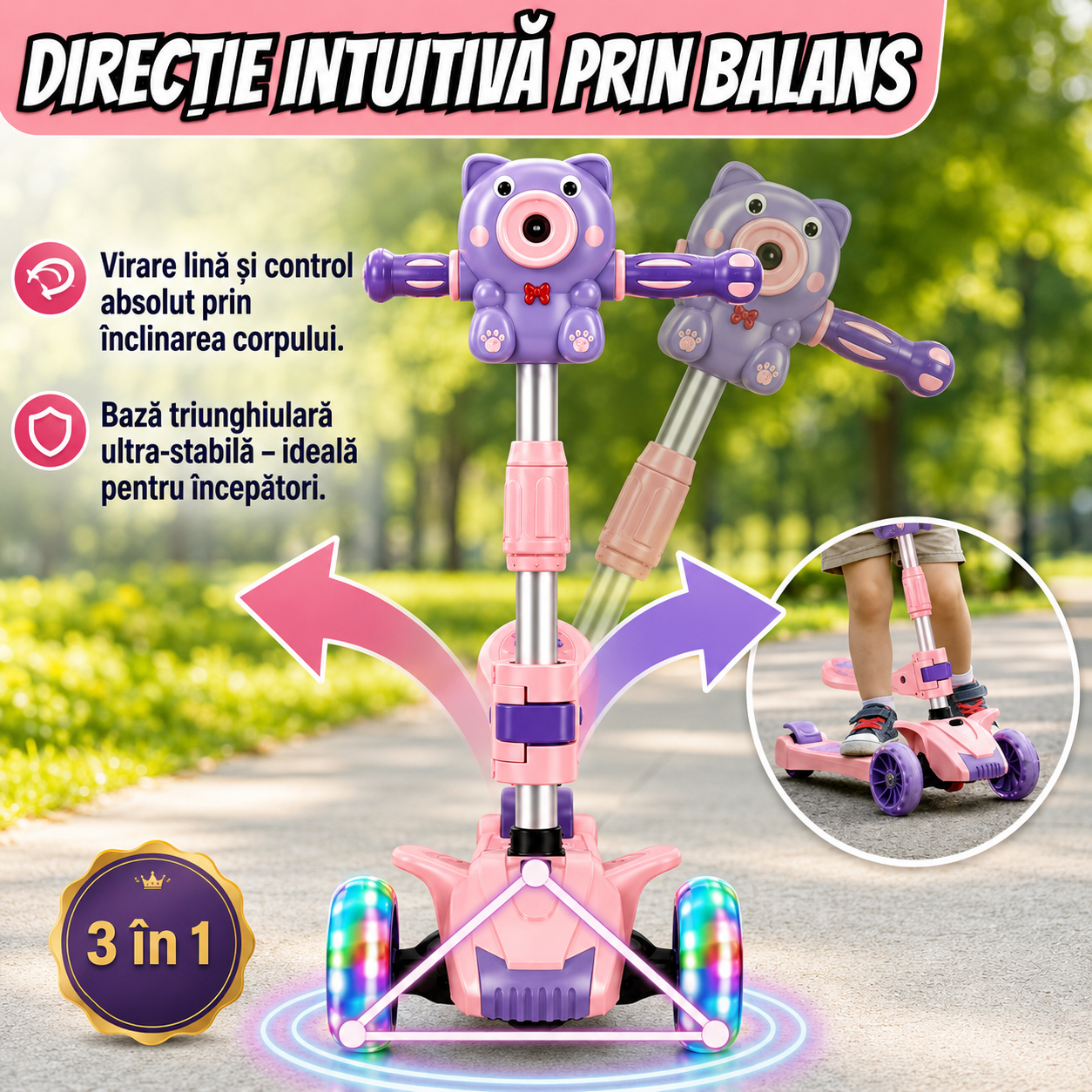 Trotineta 5 în 1 pentru copii cu baloane de sapun, scaun detasabil, muzica, roti LED și ghidon reglabil, 2–6 ani