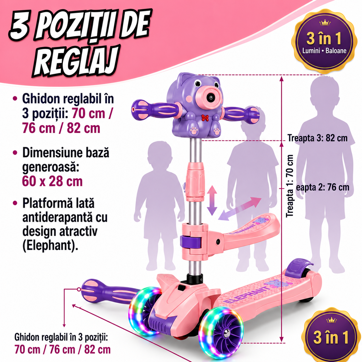 Trotineta 5 în 1 pentru copii cu baloane de sapun, scaun detasabil, muzica, roti LED și ghidon reglabil, 2–6 ani