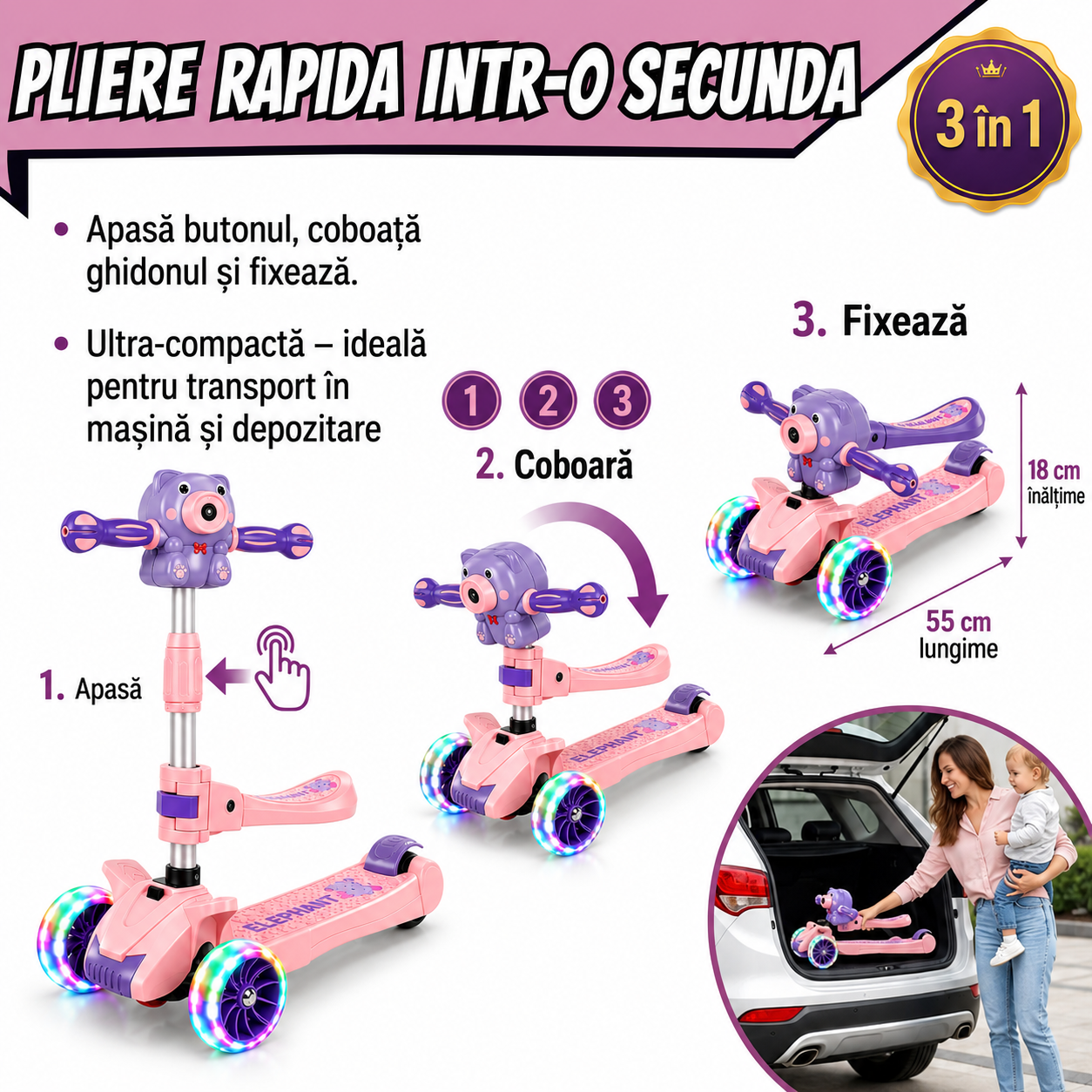 Trotineta 5 în 1 pentru copii cu baloane de sapun, scaun detasabil, muzica, roti LED și ghidon reglabil, 2–6 ani