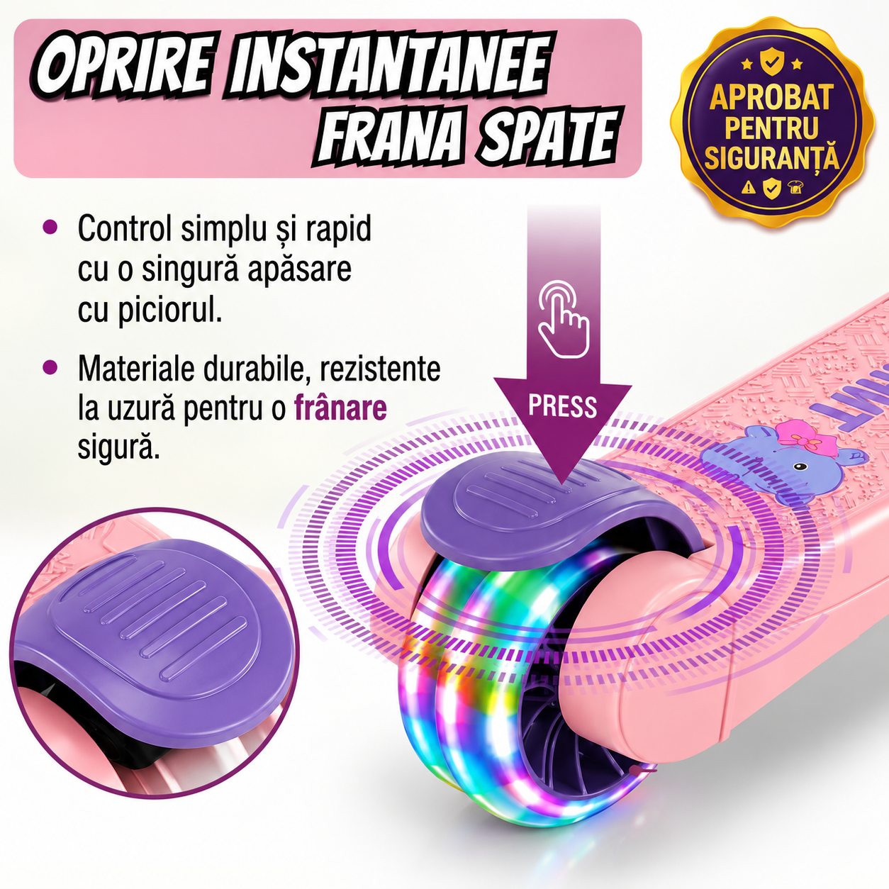Trotineta 5 în 1 pentru copii cu baloane de sapun, scaun detasabil, muzica, roti LED și ghidon reglabil, 2–6 ani