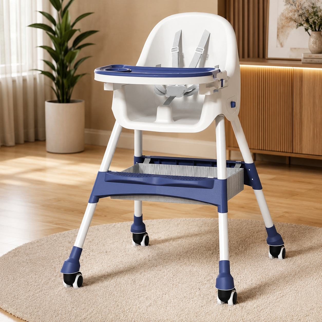 Scaun de masa pentru bebelusi, cu centura de siguranta în 5 puncte, sezut moale si confortabil, tava de masa detasabila