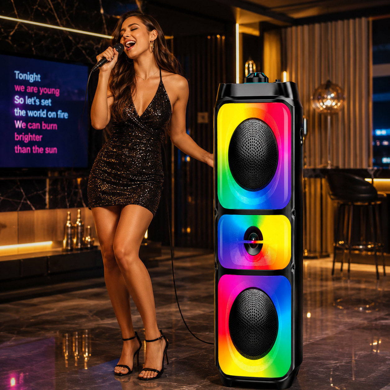 Boxa Portabila Bluetooth Sing-e ZQS42108M, 200W, Bluetooth 5.3, 2 x Difuzoare 4", Lumini LED RGB, Microfon Inclus, Acumulator 2500 mAh