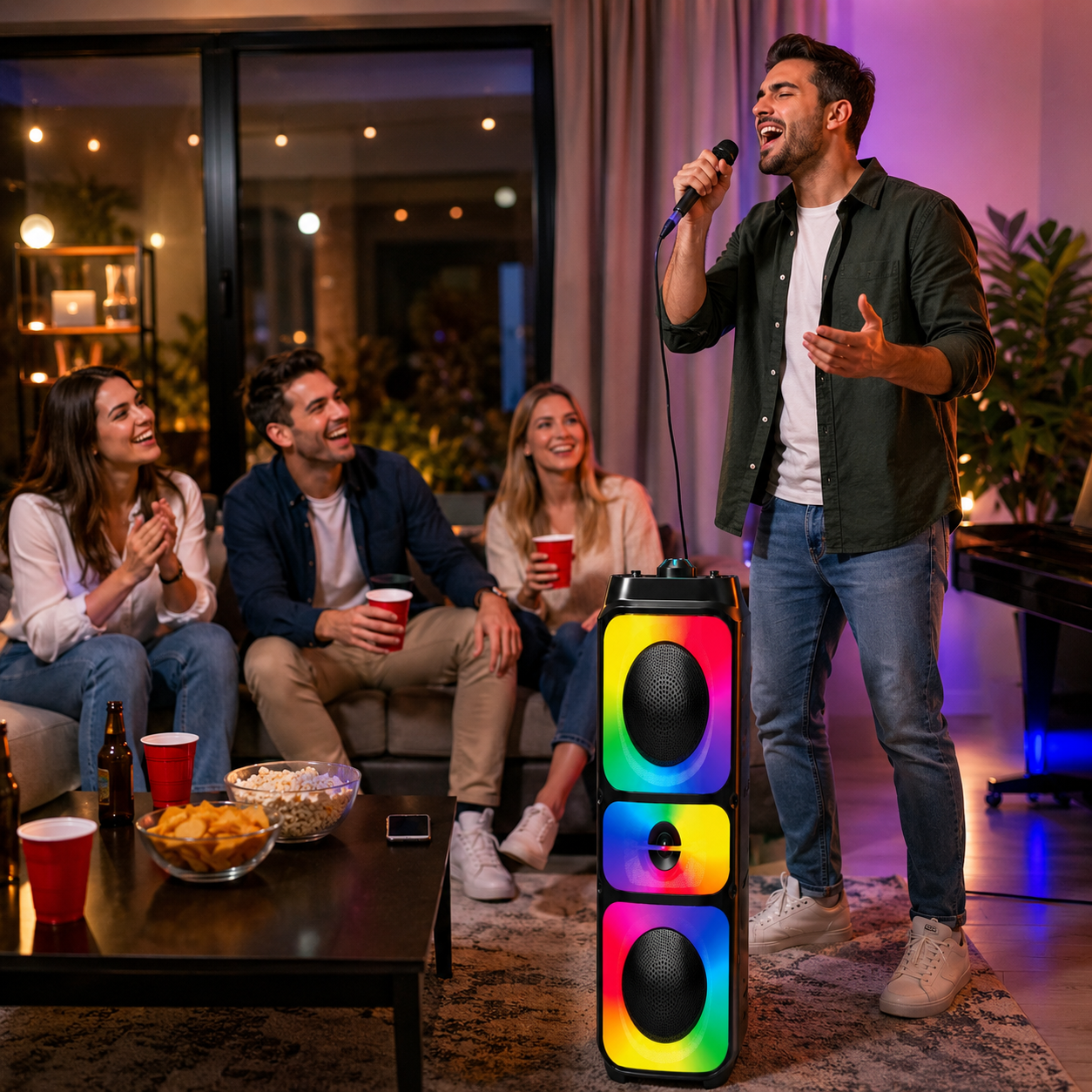 Boxa Portabila Bluetooth Sing-e ZQS42108M, 200W, Bluetooth 5.3, 2 x Difuzoare 4", Lumini LED RGB, Microfon Inclus, Acumulator 2500 mAh