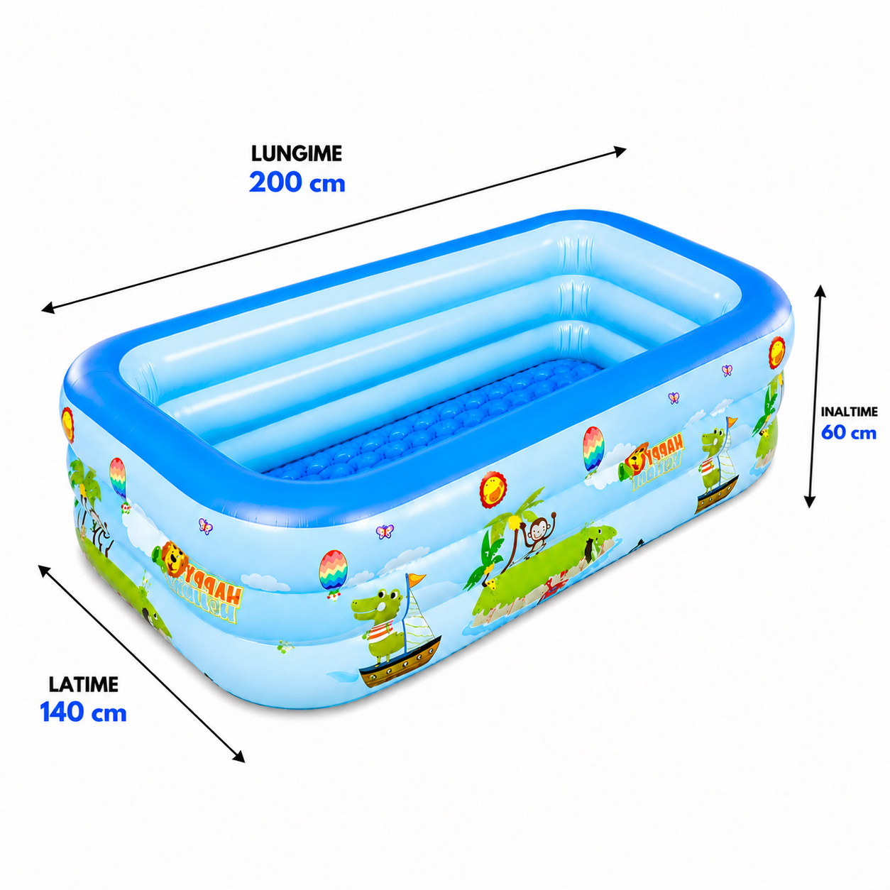 Piscina gonflabila dreptunghiulara pentru copii 3+ ani, baza moale, 3 straturi, 200x140x60 cm + pompa umflat + colac cadou
