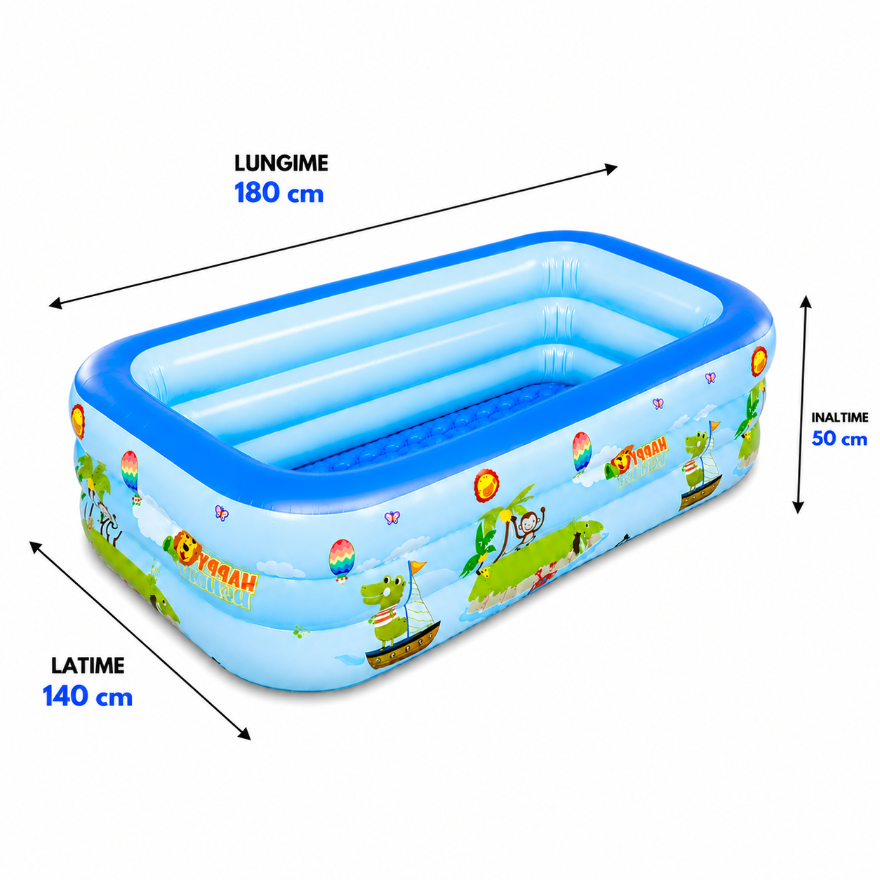 Piscina gonflabila dreptunghiulara pentru copii 3+ ani, baza moale, 3 straturi, 180x140x50 cm + pompa umflat + colac cadou