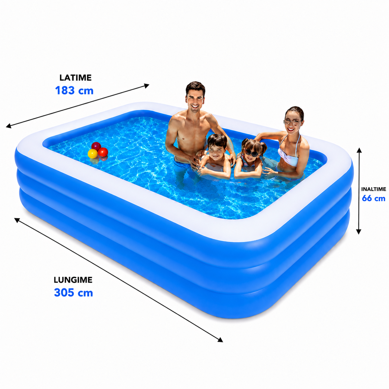 Piscina gonflabila dreptunghiulara, baza moale, 3 inele, 305x183x66 cm + pompa umflat + colac cadou