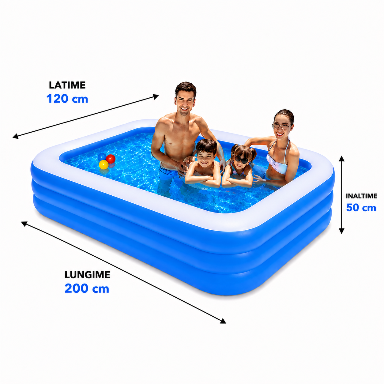 Piscina gonflabila dreptunghiulara, baza moale, 3 inele, 200x120x50 cm + pompa umflat + colac cadou