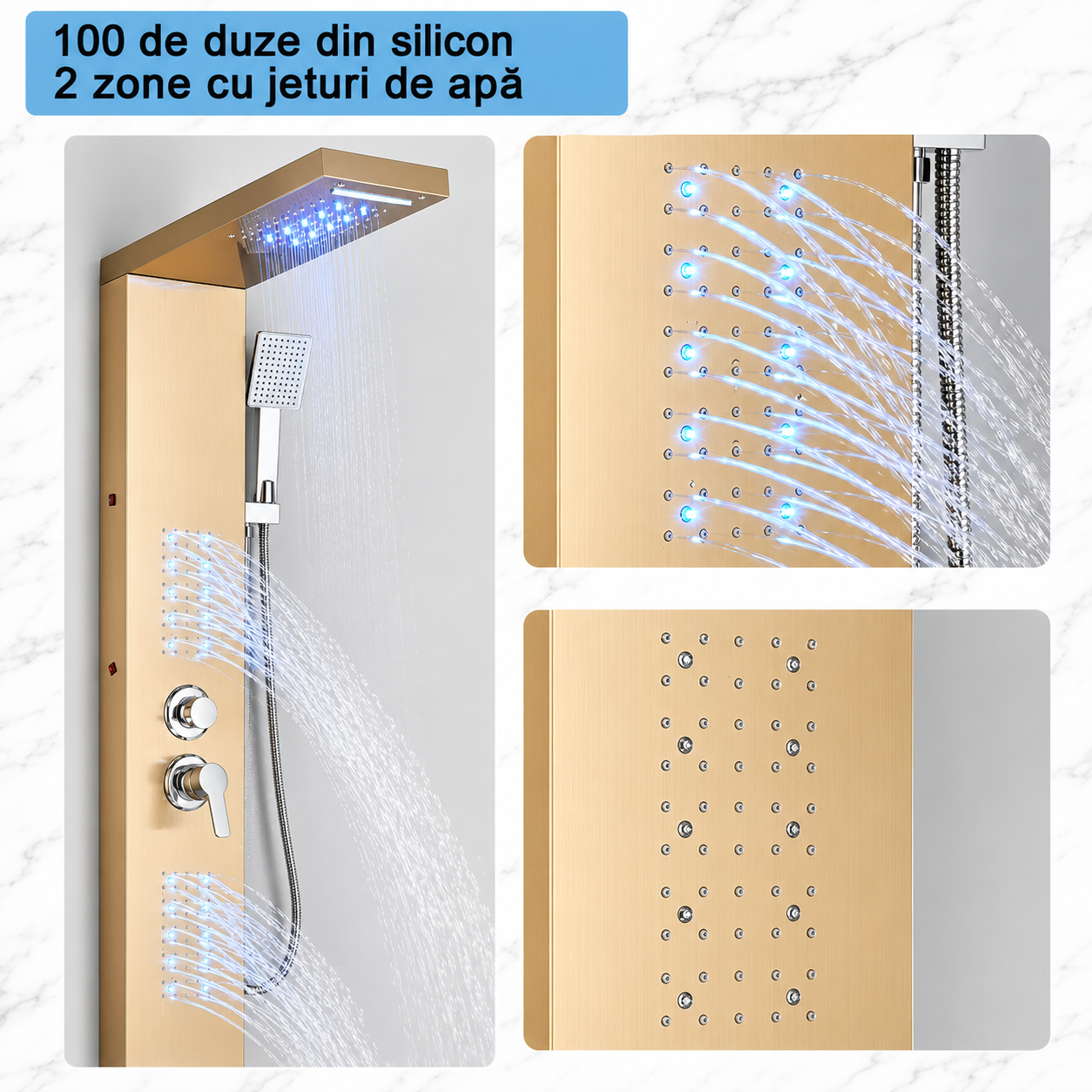 Panel dus, iluminare led, 5 functii, jeturi masaj, cascada, ploaie tropicala, dus de mana, otel inoxidabil
