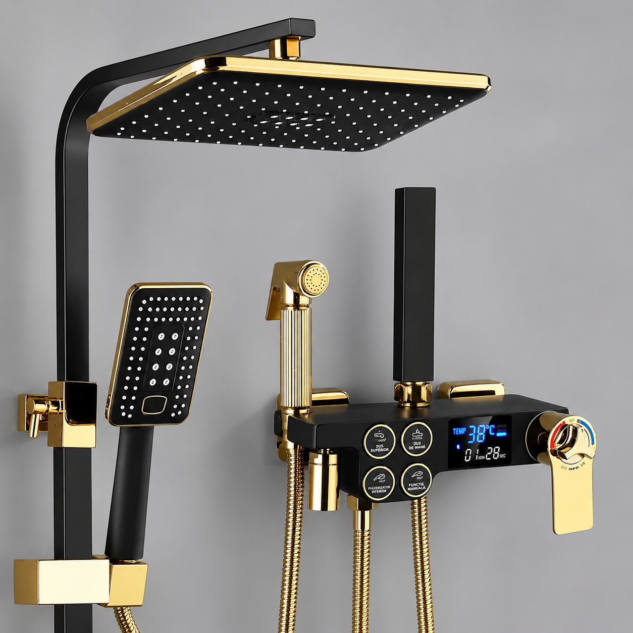 Coloana dus smart cu afisaj digital, dus ploaie, 4 functii, negru/auriu