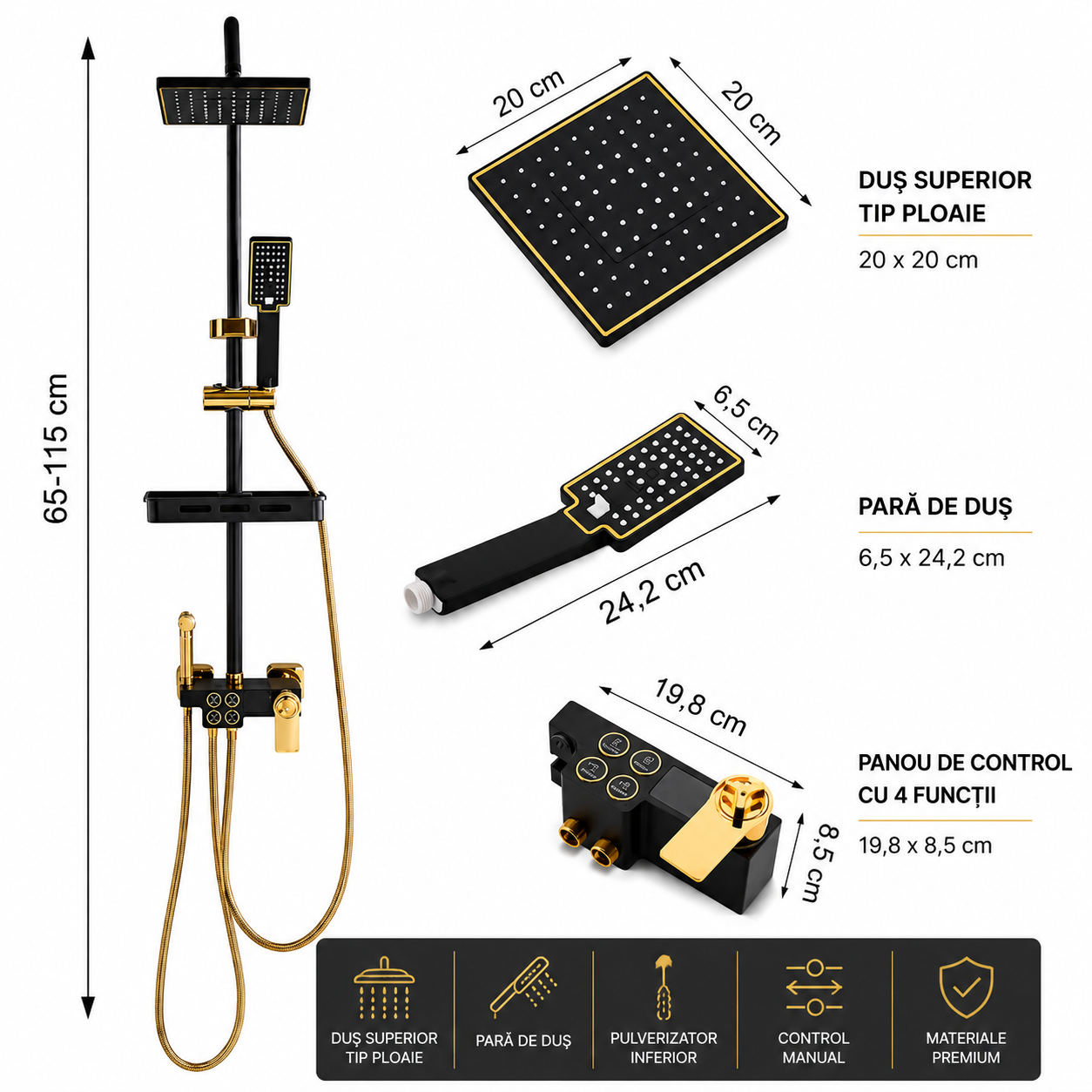 Coloana dus smart cu afisaj digital, dus ploaie, 4 functii, negru/auriu