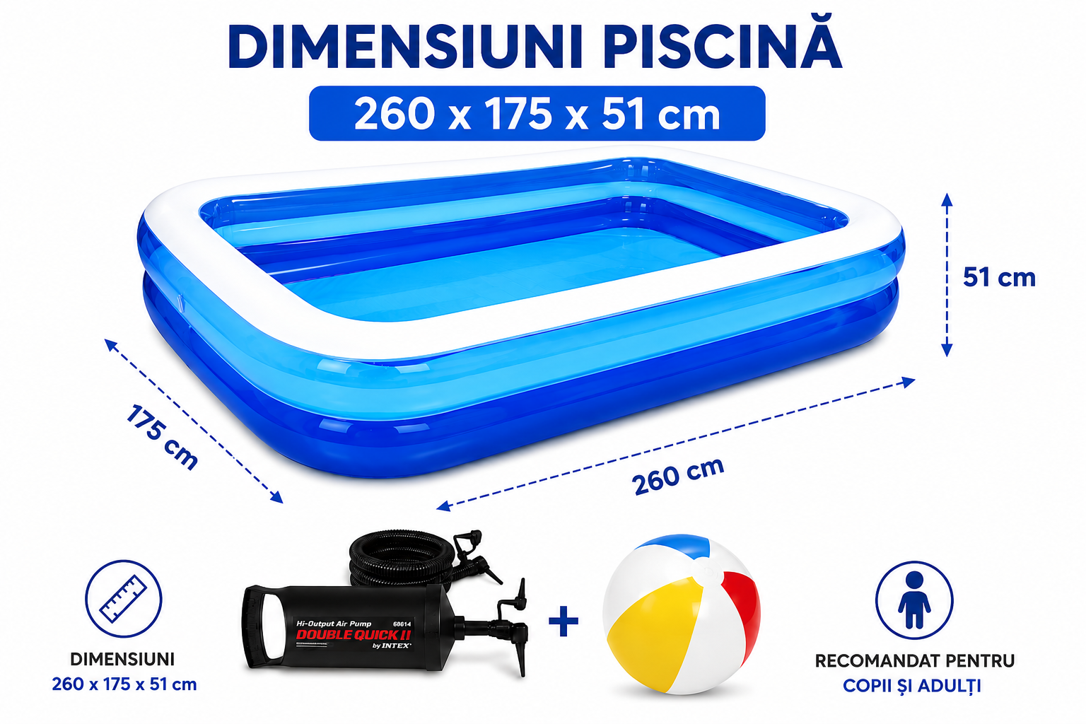 Piscina gonflabila dreptunghiulara, 2 inele, 260x175x51 cm + pompa umflat + minge gonflabila cadou