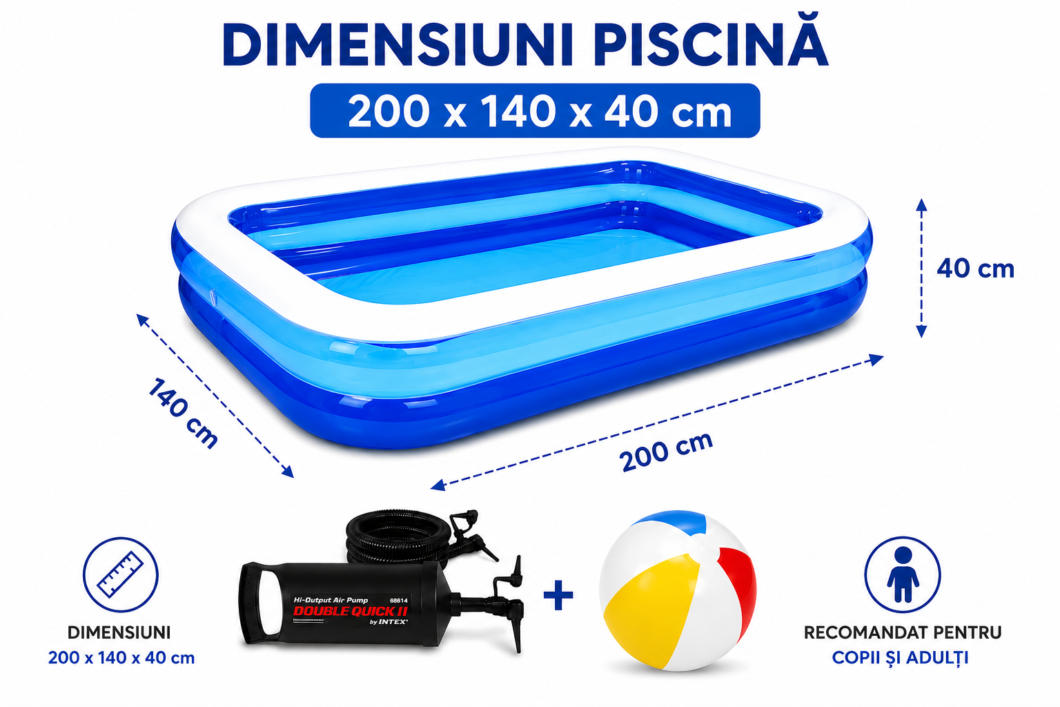 Piscina gonflabila dreptunghiulara, 2 inele, 200x140x40 cm + pompa umflat + minge gonflabila cadou