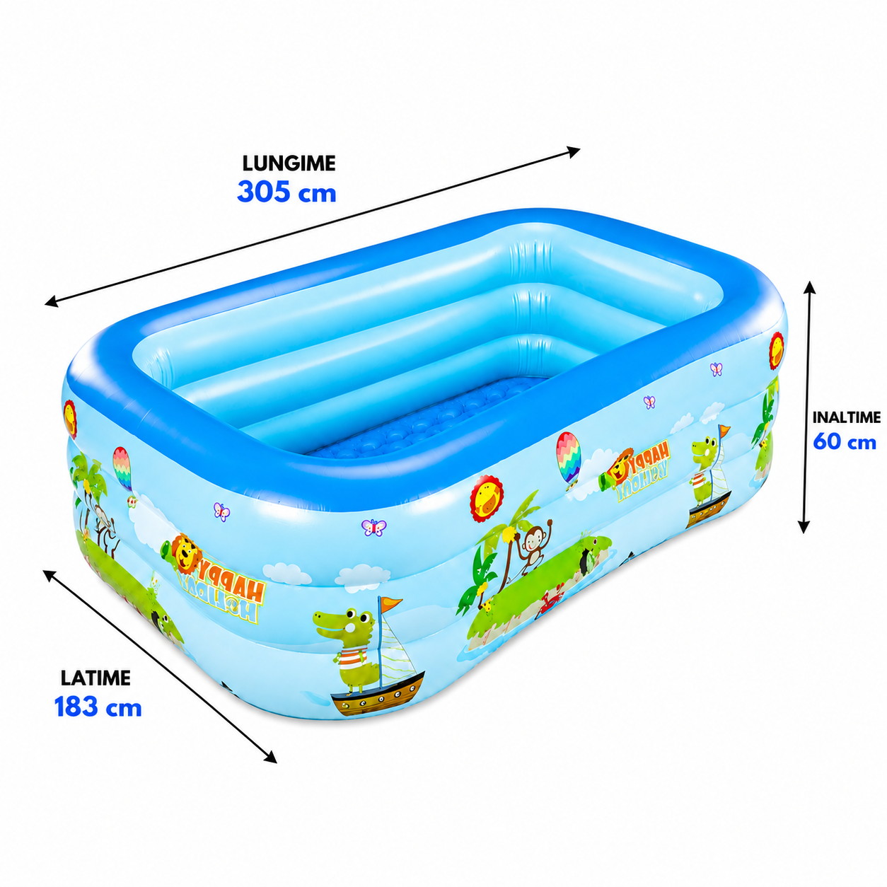 Piscina gonflabila dreptunghiulara pentru copii 3+ ani, 3 straturi, 305x183x60 cm + pompa umflat + colac cadou