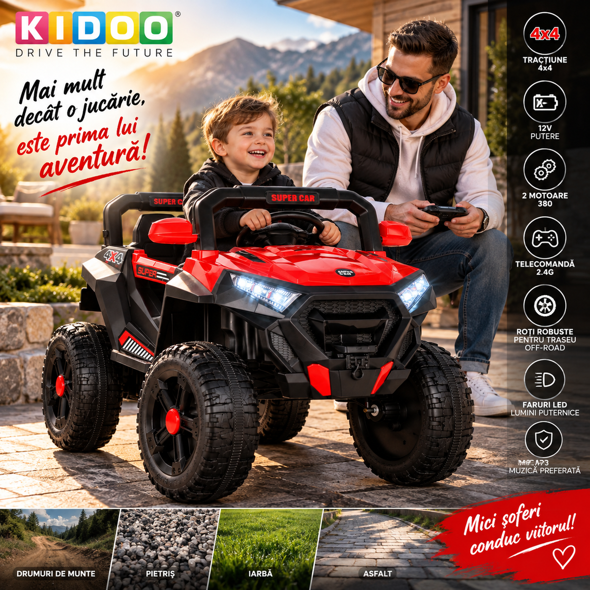 Masina electrica KIDOO pentru copii, 4x4, 12V, 2 motoare 380, telecomanda 2.4G, suspensie, faruri LED, centura de siguranta, MP3,