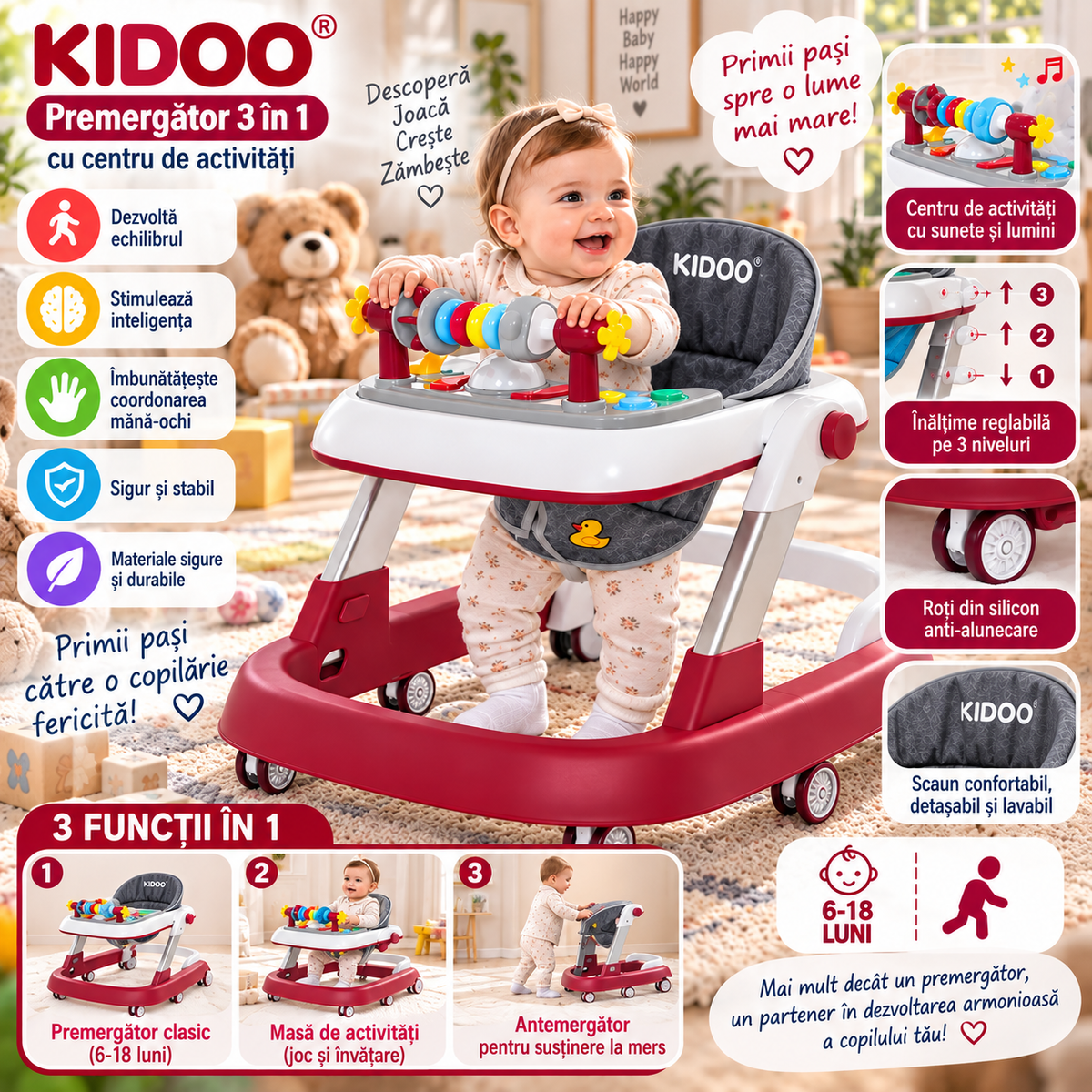 Premergator Educational 3 in 1 pentru Bebelusi, Masuta de Activitati, Antemergator cu Maner, Panou Muzical Detasabil, Reglabil pe Inaltime, Pliabil, Max. 25 kg