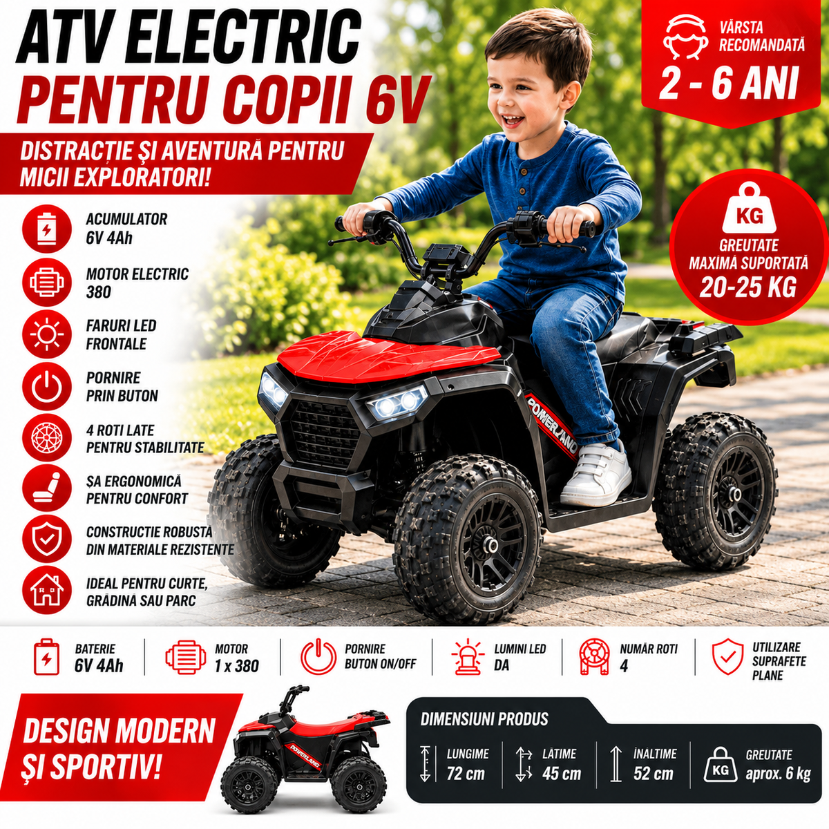 ATV electric pentru copii KIDOO, 6V, motor 380, faruri LED, pornire cu buton, design fff-road