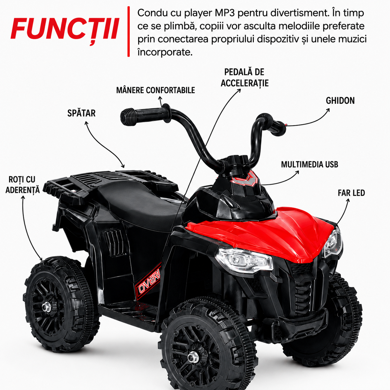 ATV electric pentru copii KIDOO, 6V, motor 380, faruri LED, pornire cu buton, design fff-road