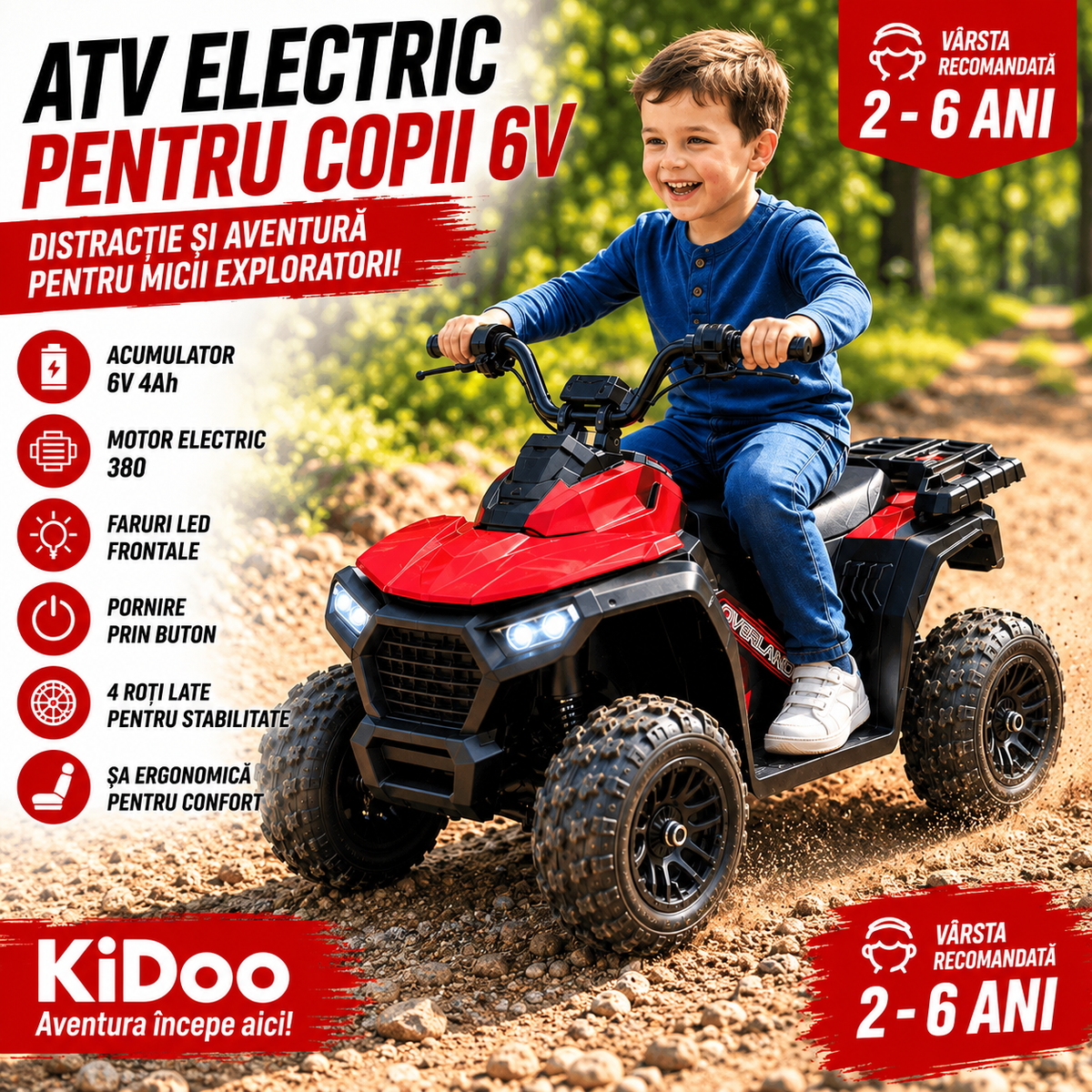 ATV electric pentru copii KIDOO, 6V, motor 380, faruri LED, pornire cu buton, design fff-road