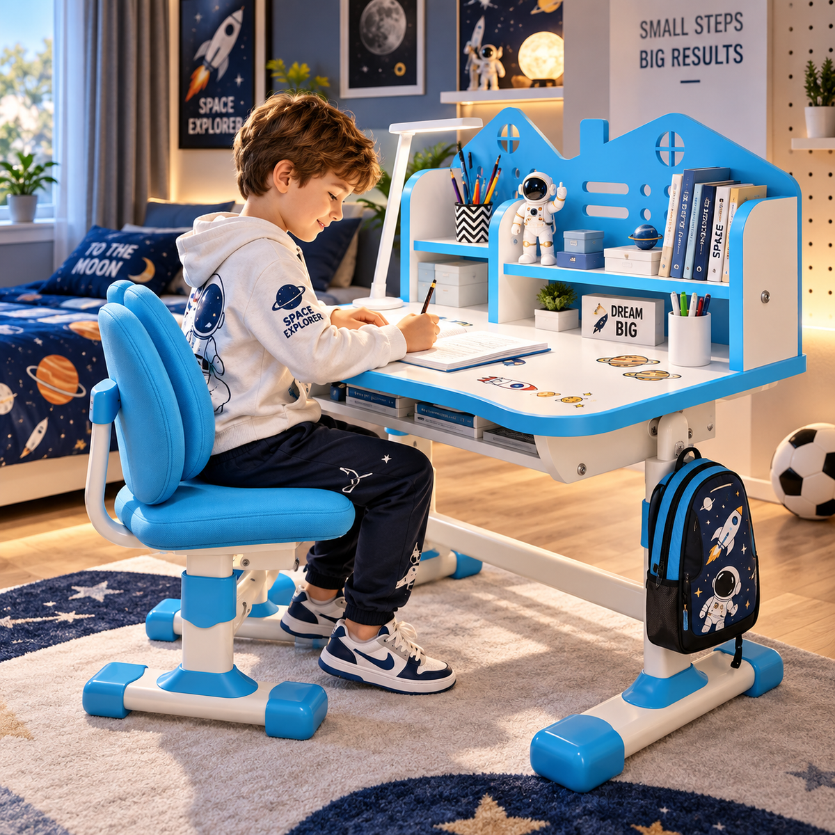 Set Birou si Scaun Ergonomic pentru Copii, Reglabil pe Inaltime, cu Raft pentru Carti, Design Astronaut