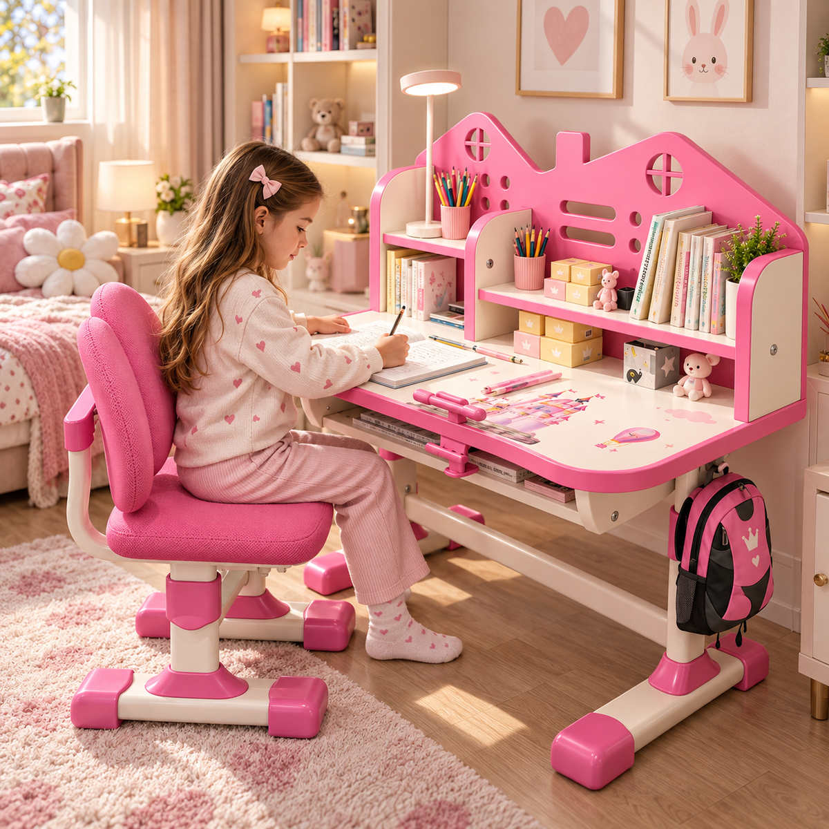 Set Birou si Scaun Ergonomic pentru Copii, Reglabil pe Inaltime, cu Raft pentru Carti, Design Astronaut