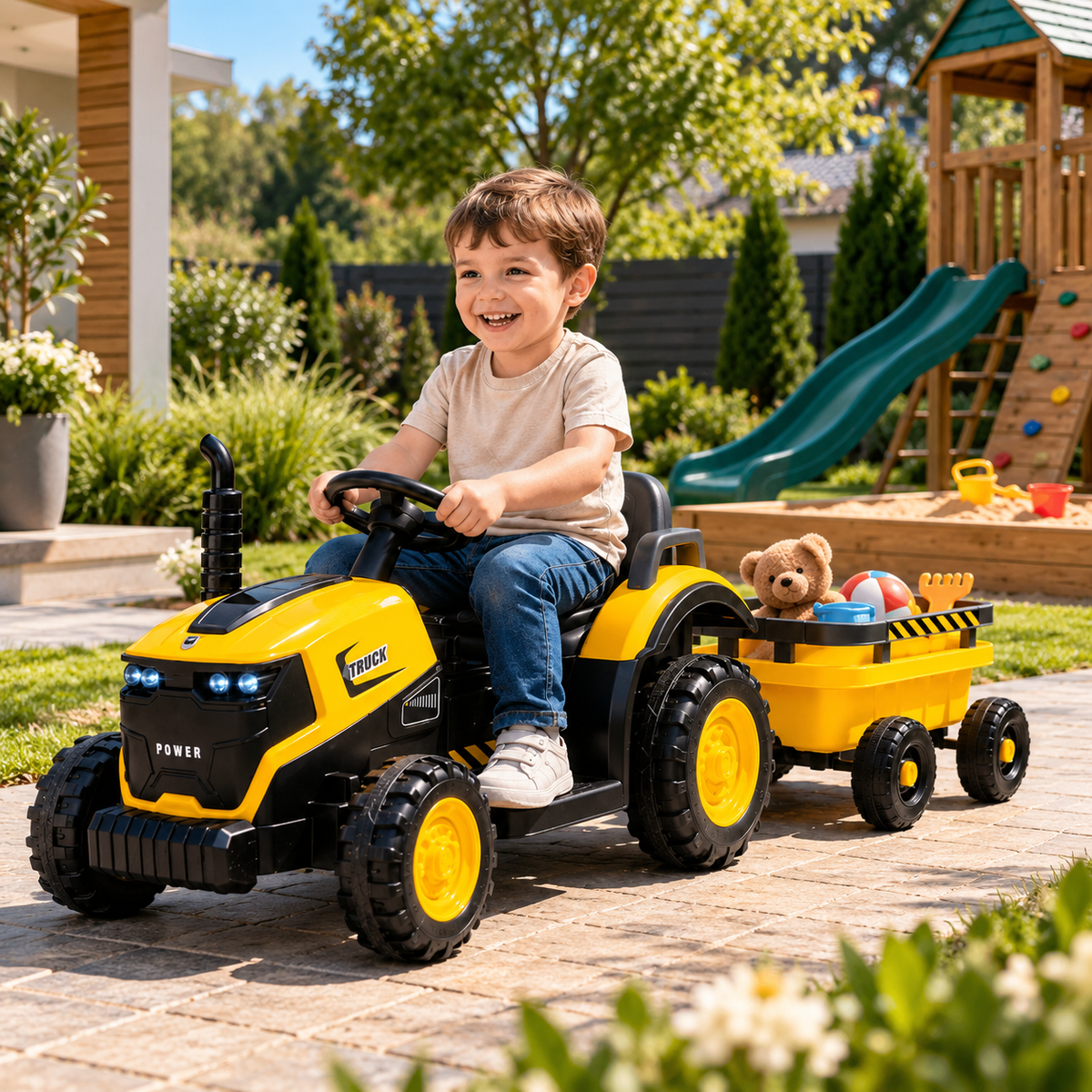 Tractor Electric pentru Copii KIDOO 12V, 2 Motoare 380, Telecomandă 2.4G, Remorcă Detașabilă, Lumini LED și Muzică