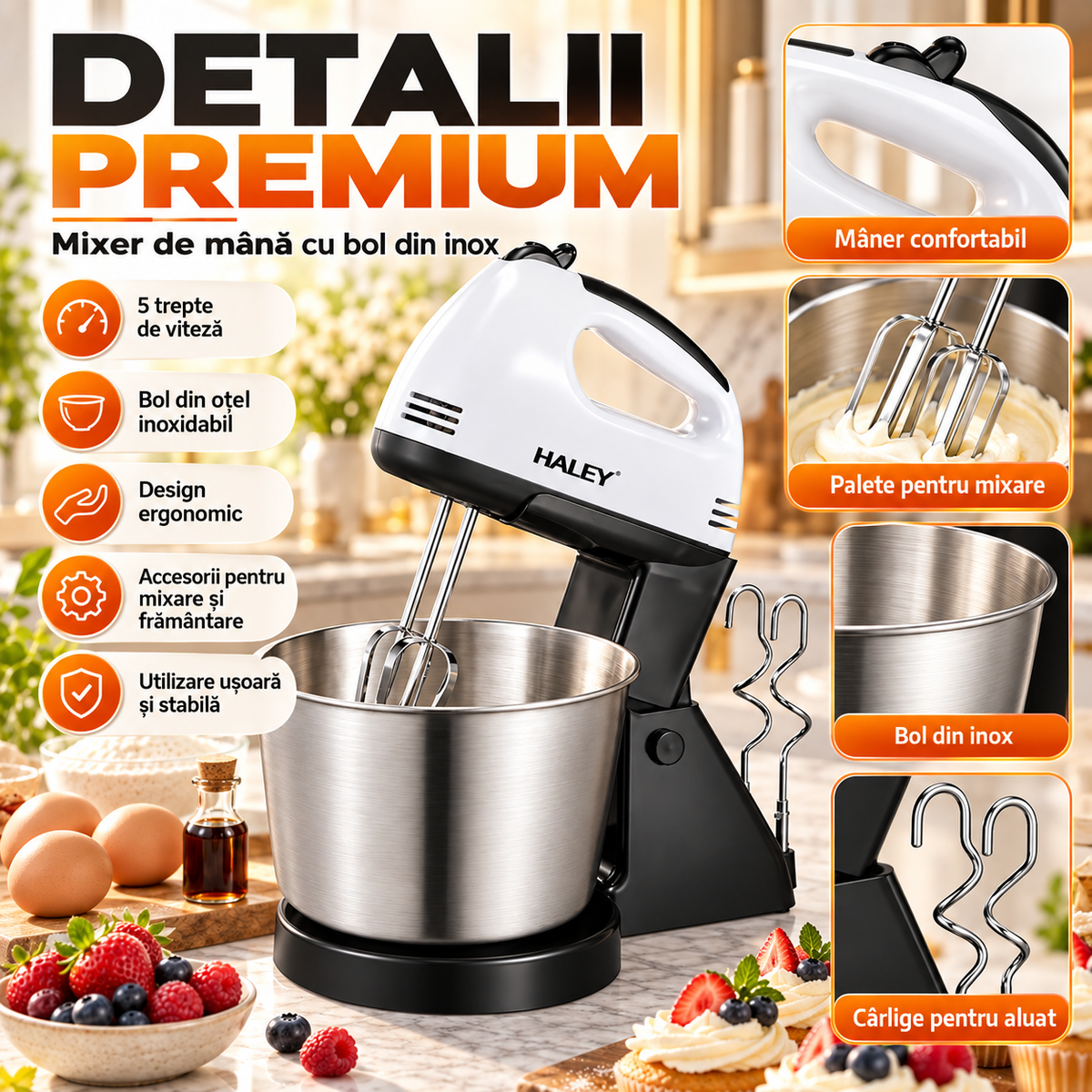 Mixer de Mana, 300W, 7 Viteze + Turbo, Bol Inox, Suport, 2 in 1, Teluri si Carlige pentru Framantare