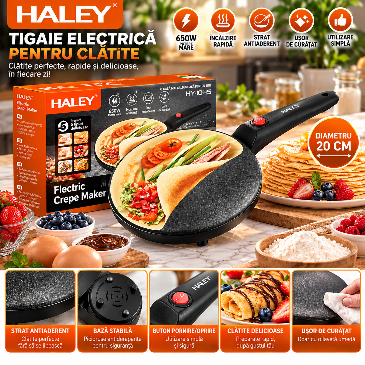 Tigaie Electrica pentru Clatite, 650W, Suprafata Mare Antiaderenta, Incalzire Rapida, Maner Termorezistent, 220-240V