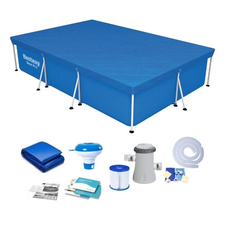 Piscina cu cadru meltalic Bestway Steel Pro, 300x201x76 cm, pompa filtrare, fitru, prelata acoperis, prelata suport, dozator clor, kit reparatie