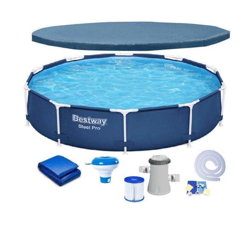 Piscina cu cadru meltalic Bestway Steel Pro, D305xH76, pompa filtrare, fitru, prelata acoperis, prelata suport, dozator clor, kit reparatie
