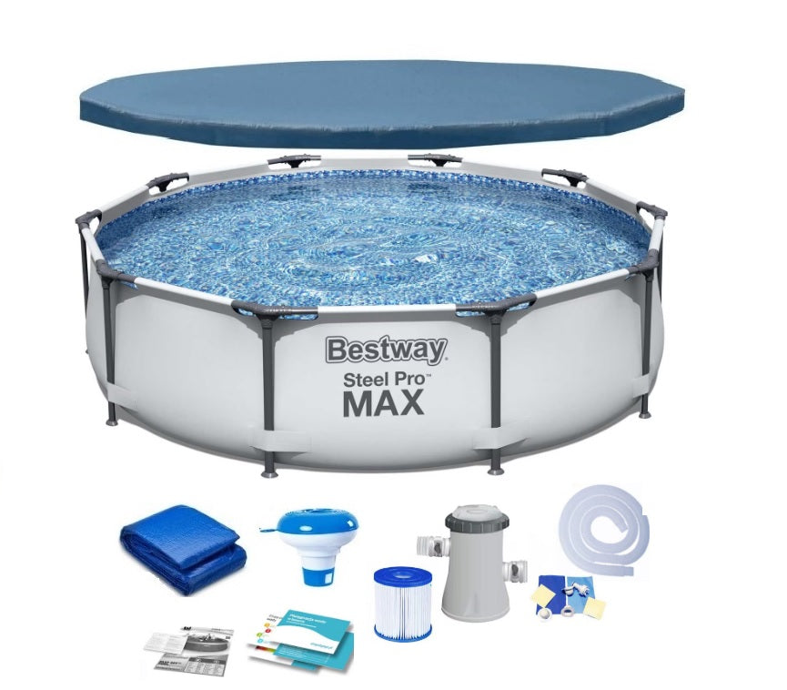Piscina cu cadru meltalic Bestway Steel ProMAX, D305xH76, pompa filtrare, fitru, prelata acoperis, prelata suport, dozator clor, kit reparatie