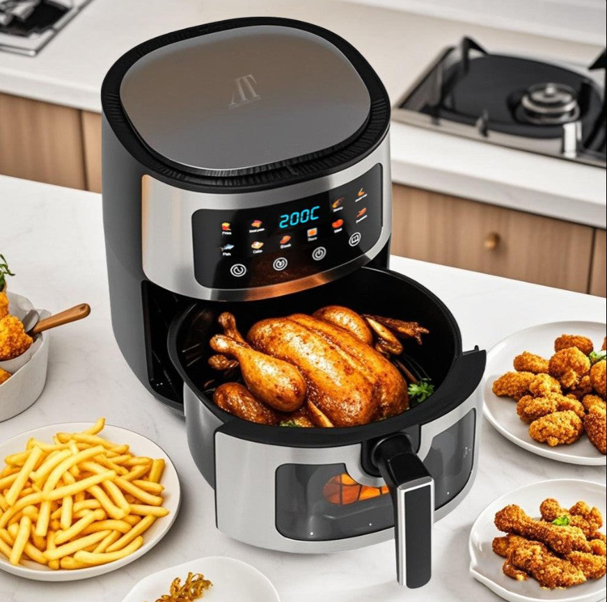 Friteuza cu aer cald 8L, 10 programe smart, 2800W, panou tactil, circulatie 3D aer fierbinte, teflon non-stick + 100 buc hartie de copt cadou