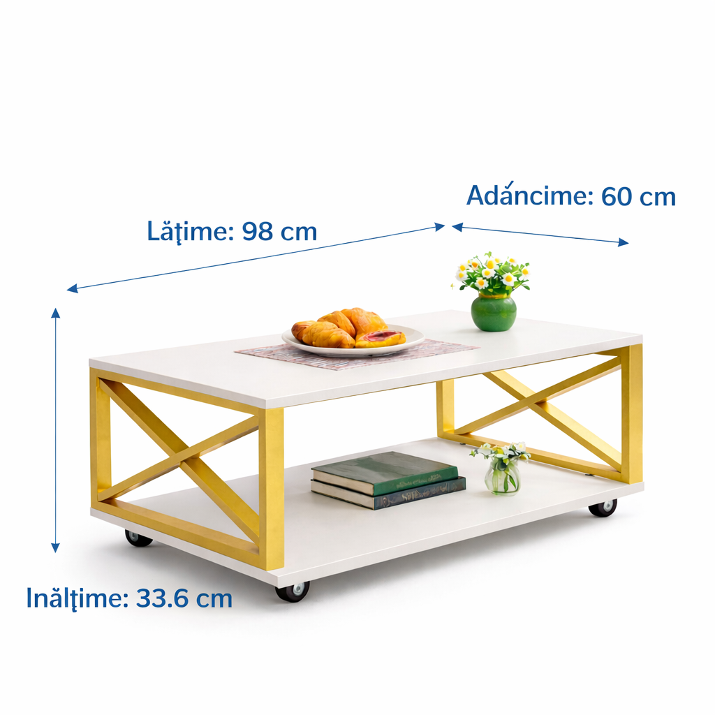 Masuta cafea, blat MDF, cadru metalic, roti, 98 x 60 x 33.6 cm, alb/auriu